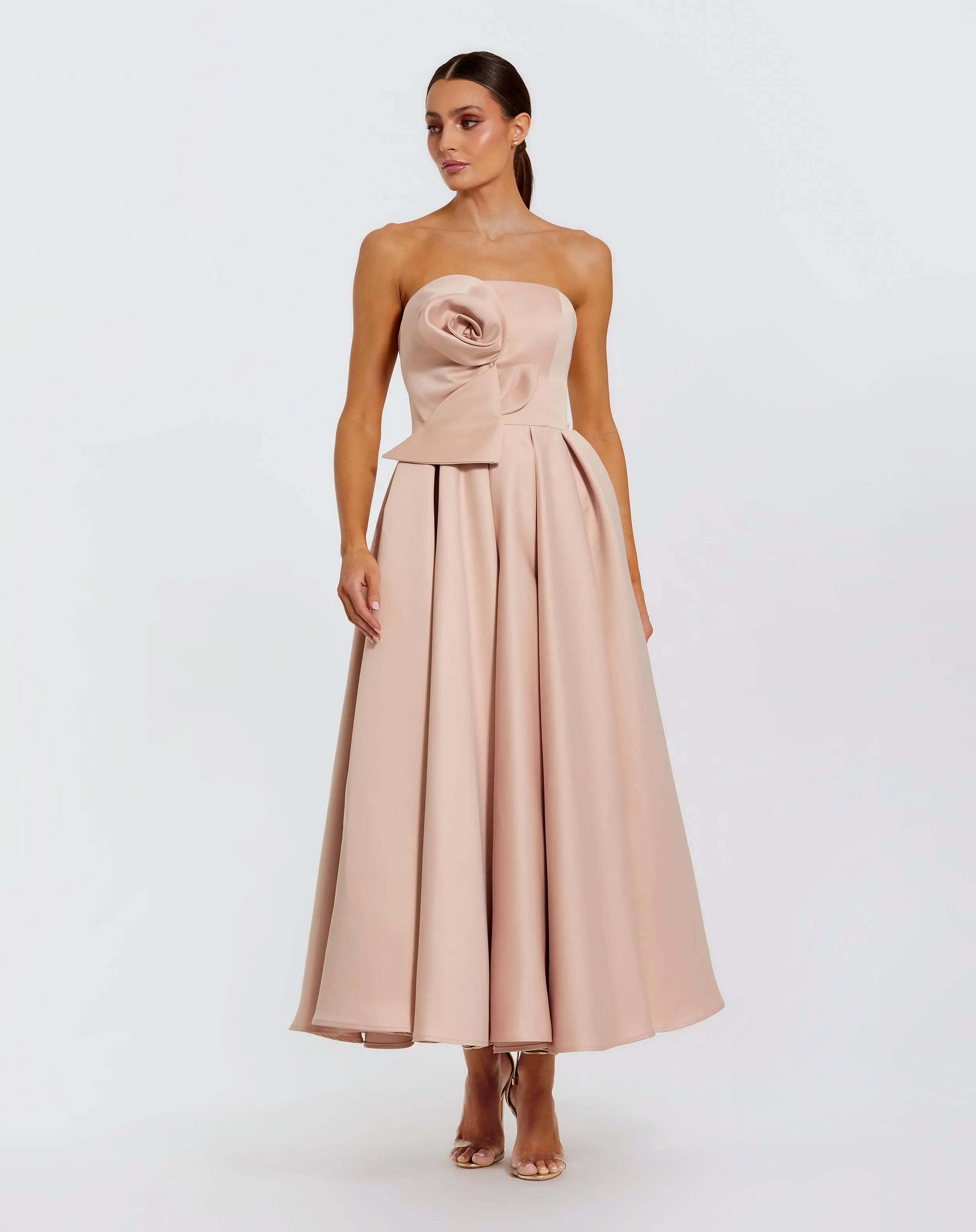 Pink Strapless Satin A Line Midi Dress With 3D Flower-Myartka