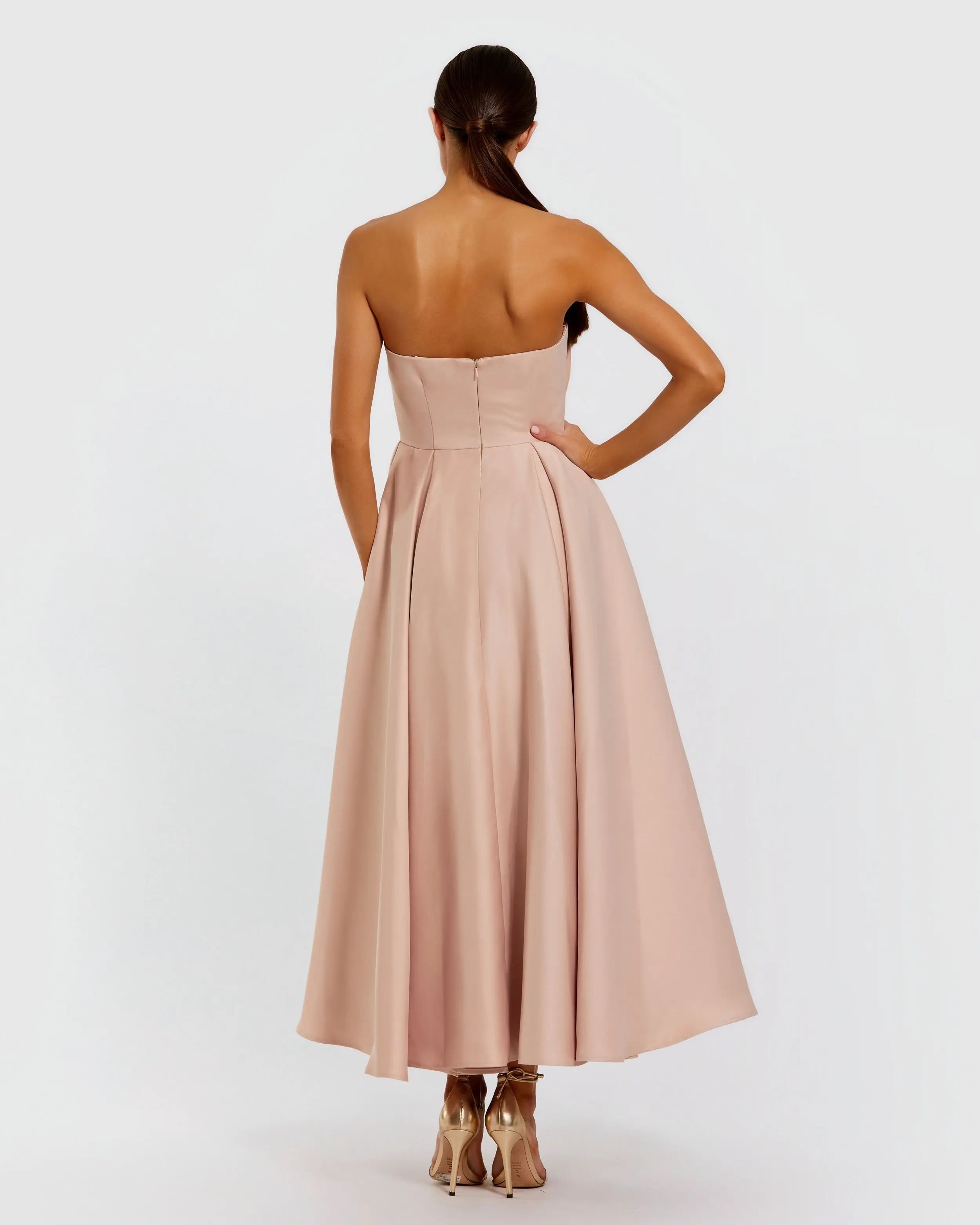 Pink Strapless Satin A Line Midi Dress With 3D Flower-Myartka