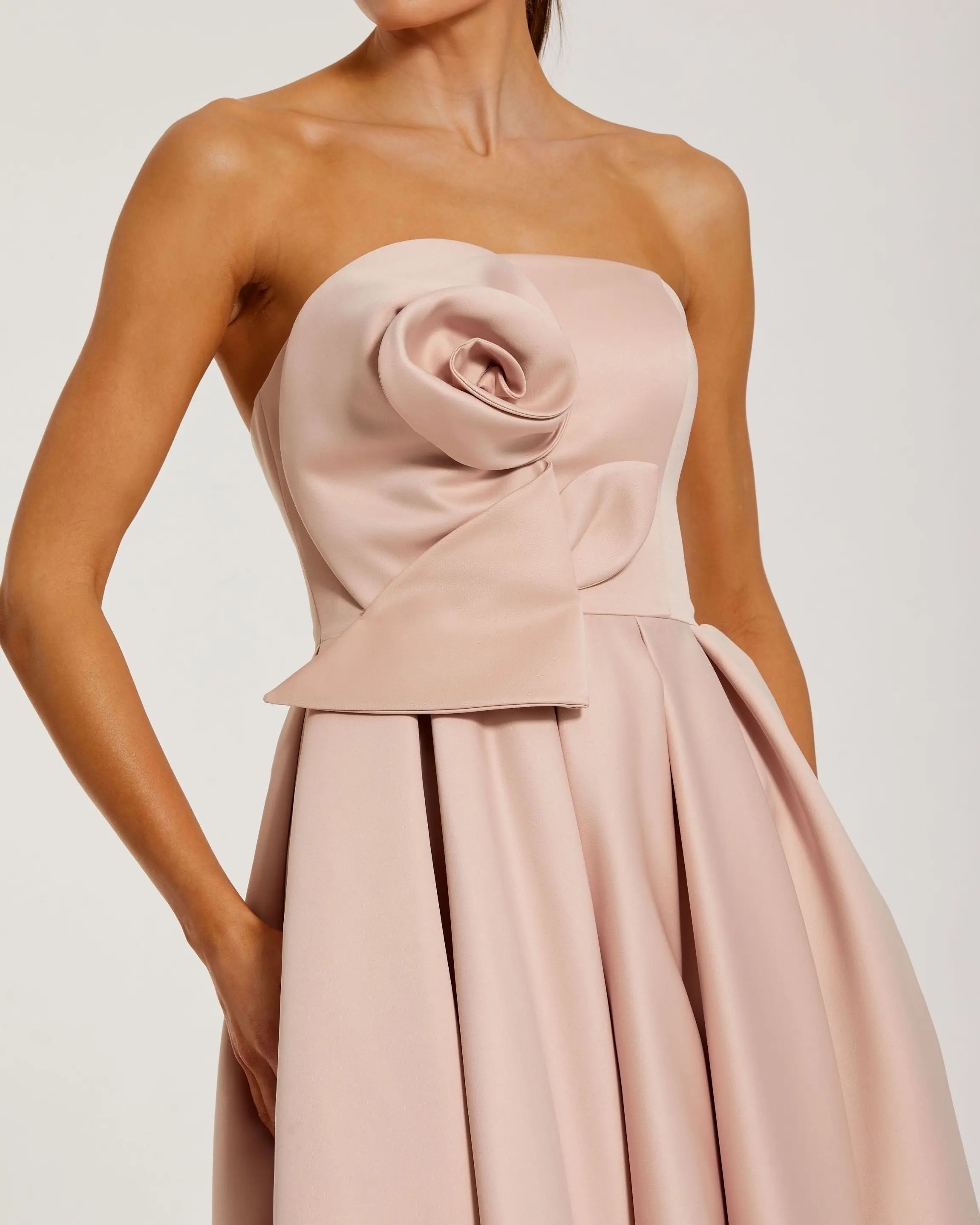 Pink Strapless Satin A Line Midi Dress With 3D Flower-Myartka