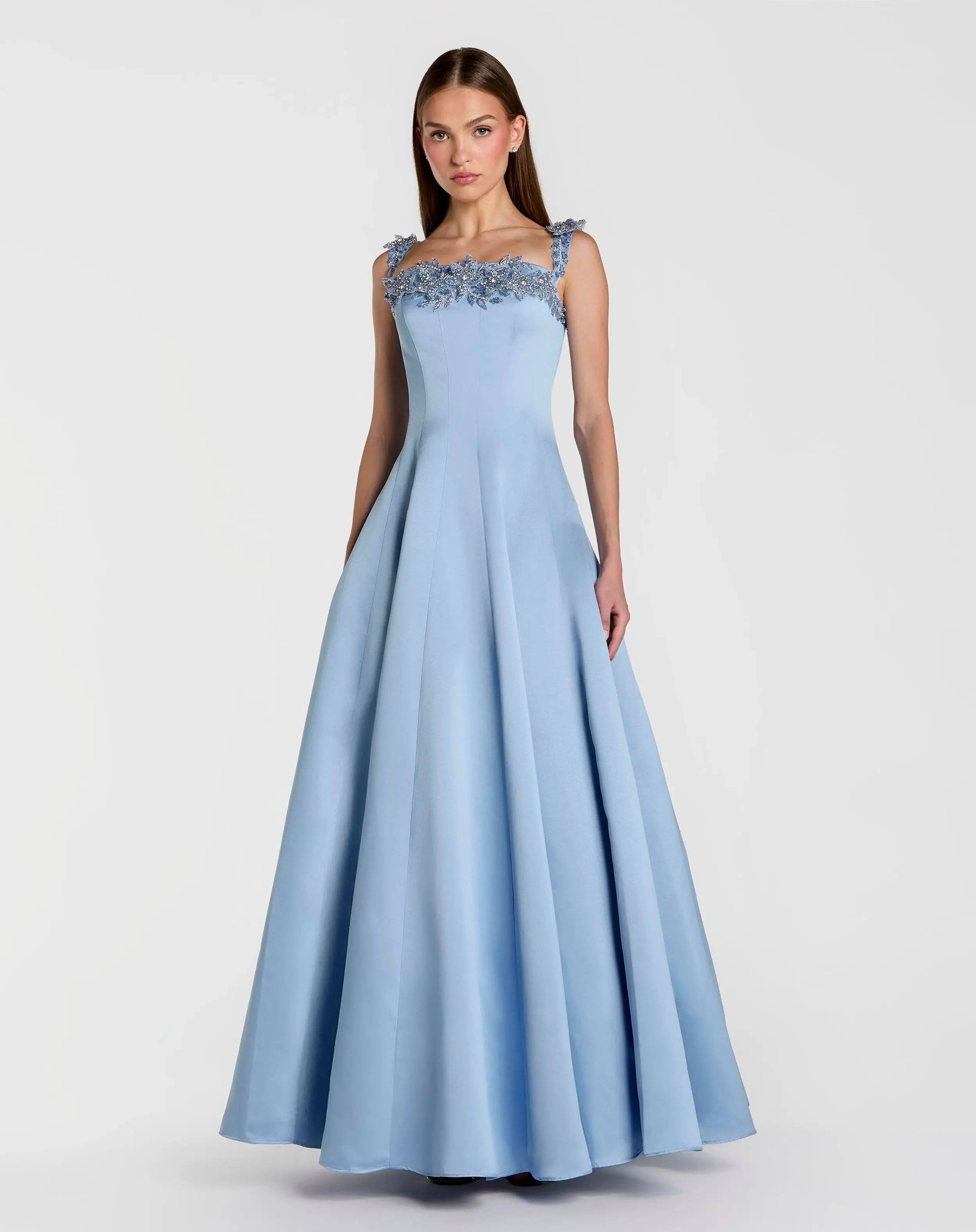 Blue Satin Ball Gown With 3D Embellished Flowers-Myartka