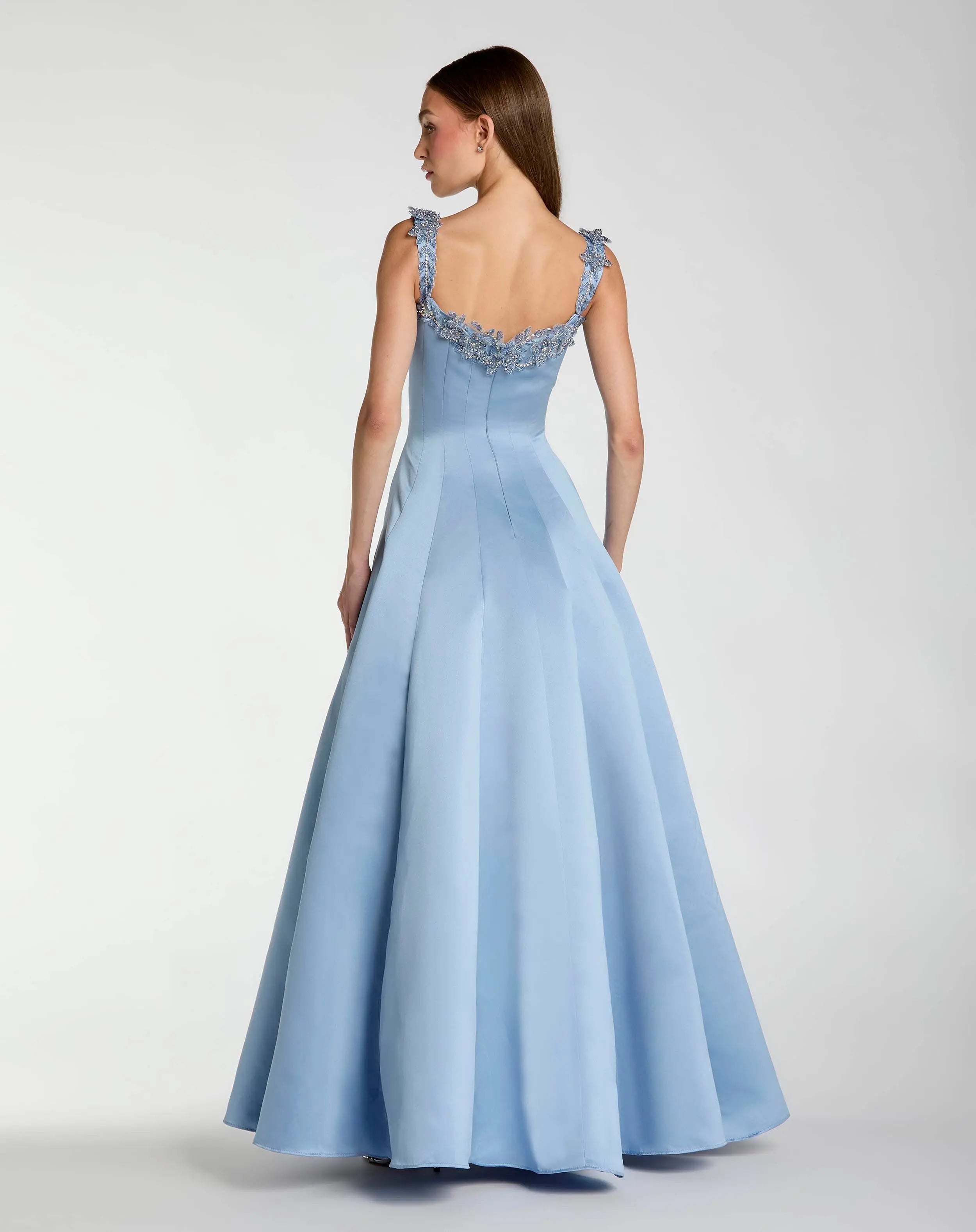 Blue Satin Ball Gown With 3D Embellished Flowers-Myartka