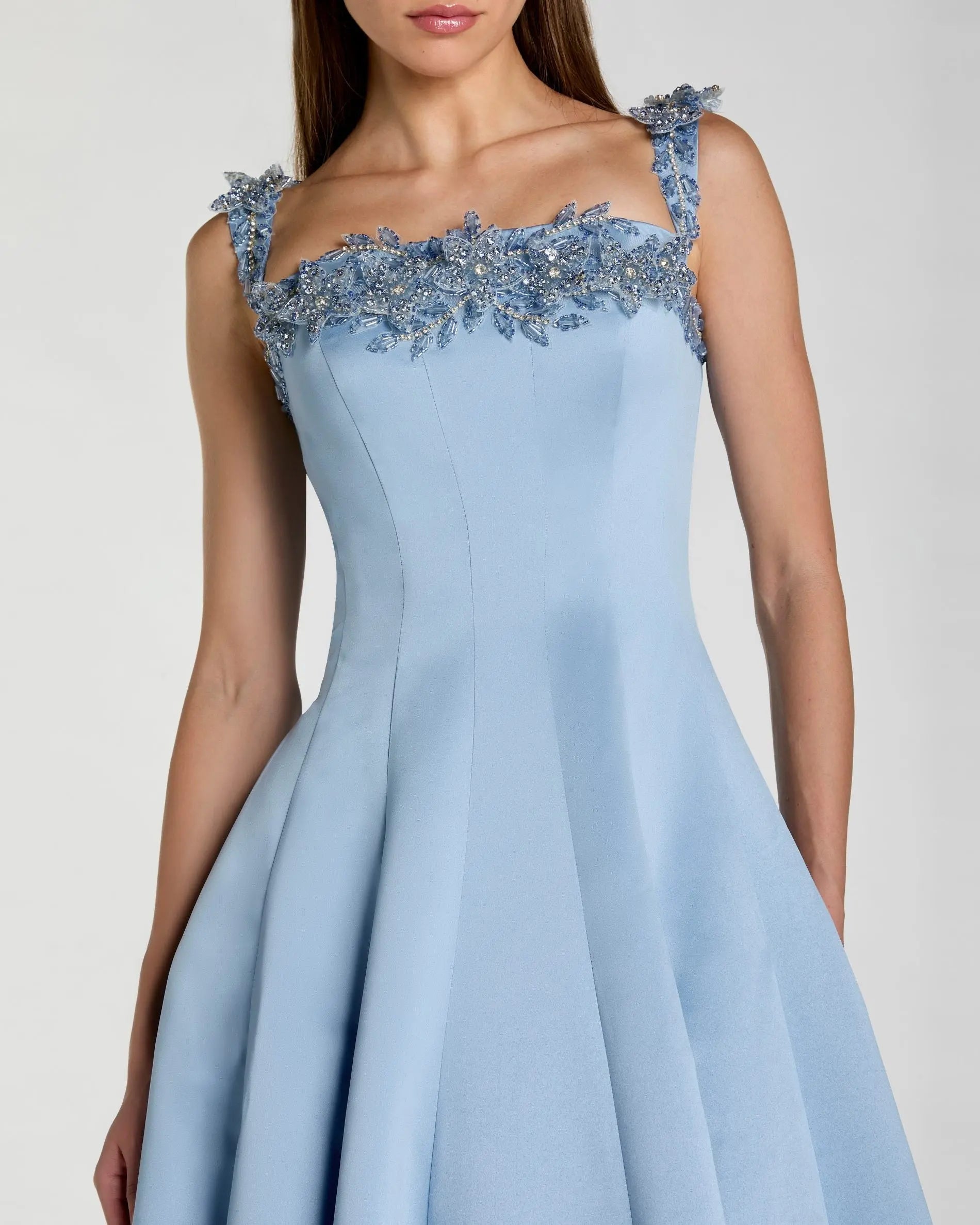 Blue Satin Ball Gown With 3D Embellished Flowers-Myartka