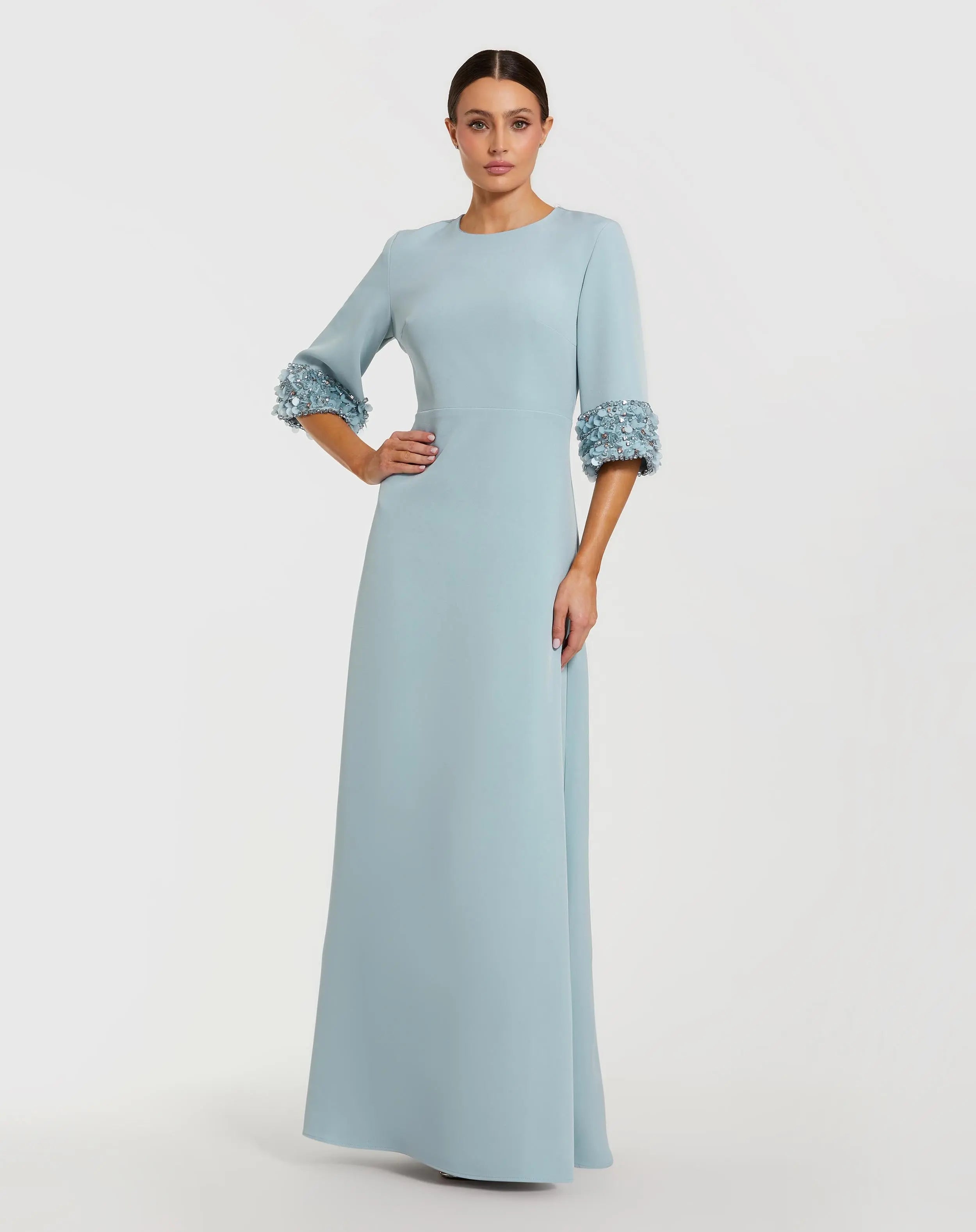 Blue A-Line Crepe Gown With Embellished 3/4 Sleeves-Myartka