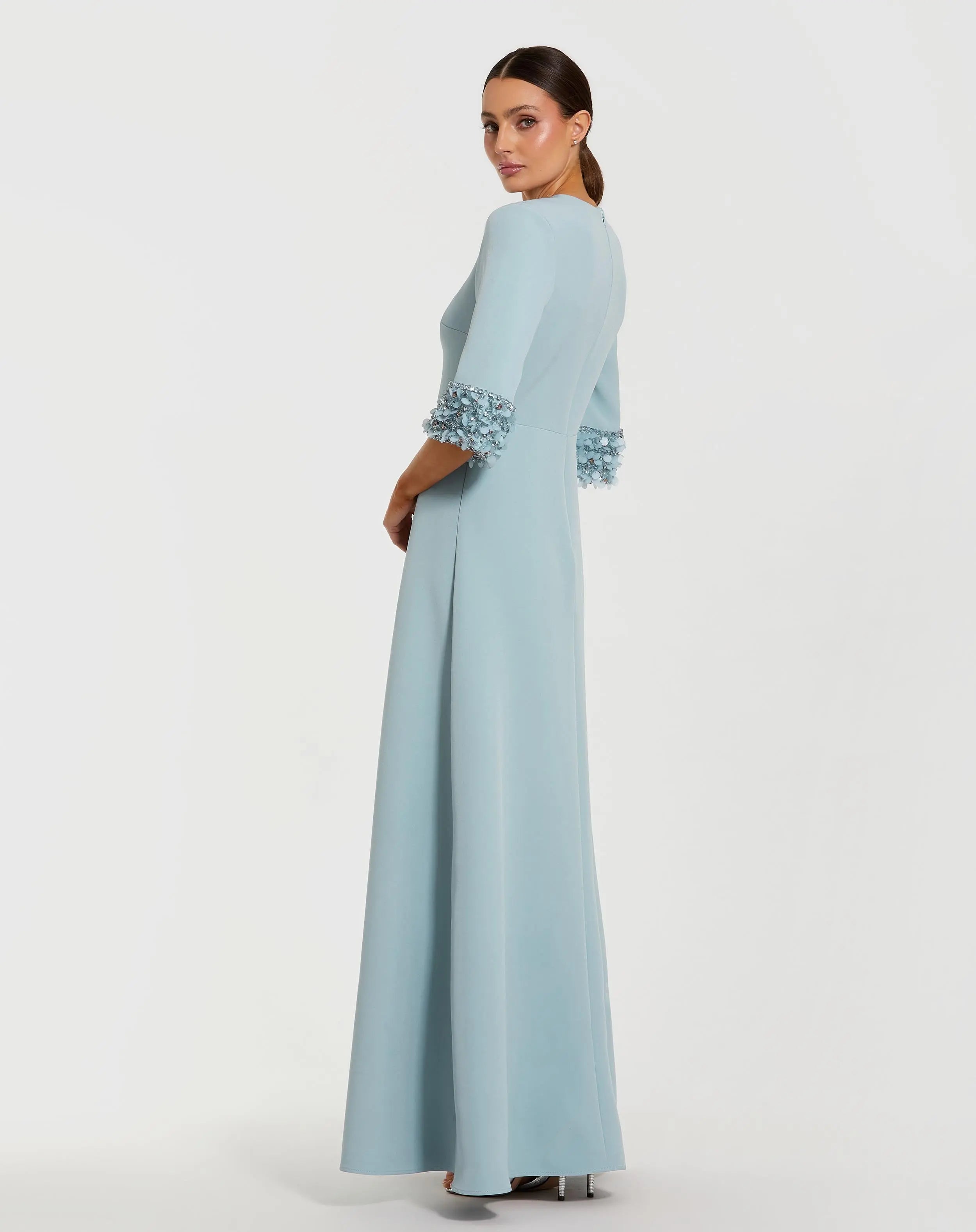 Blue A-Line Crepe Gown With Embellished 3/4 Sleeves-Myartka