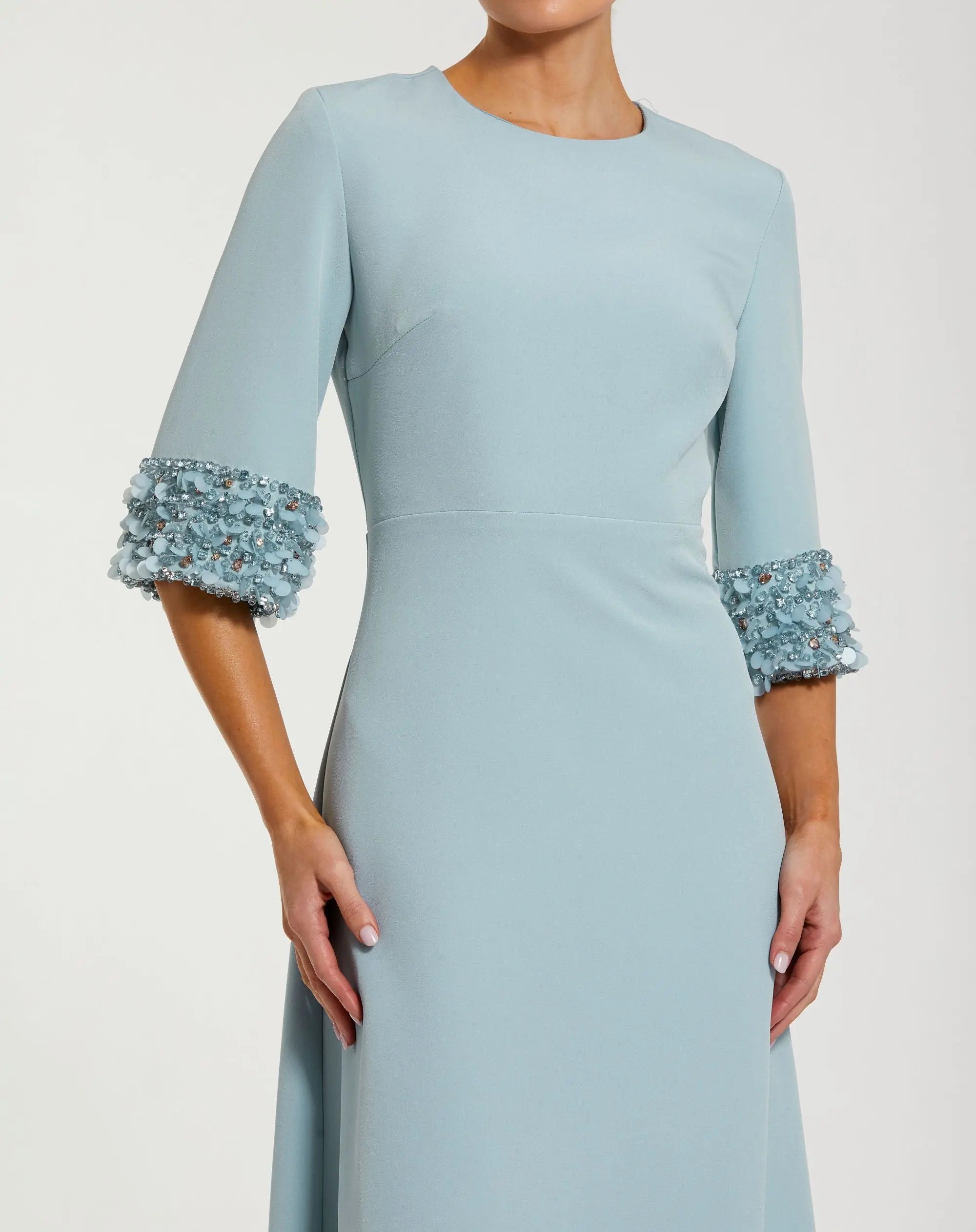 Blue A-Line Crepe Gown With Embellished 3/4 Sleeves-Myartka