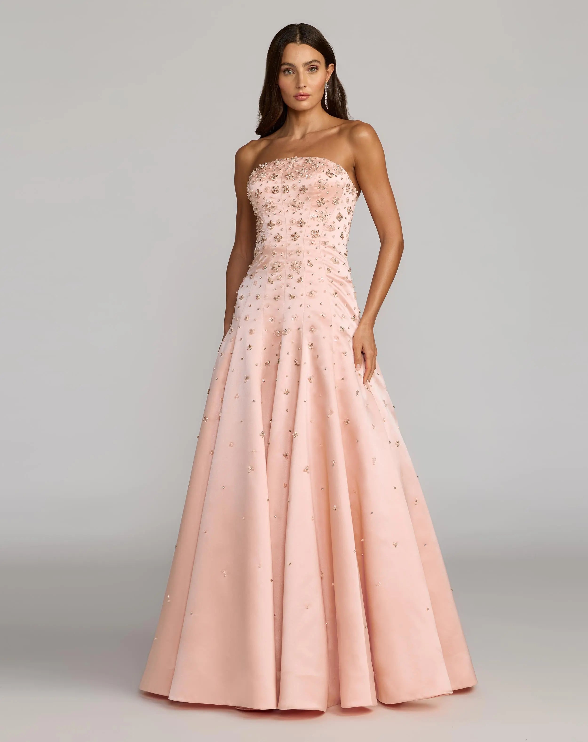 Pink Strapless Embellished Satin Ball Gown With Pockets-Myartka