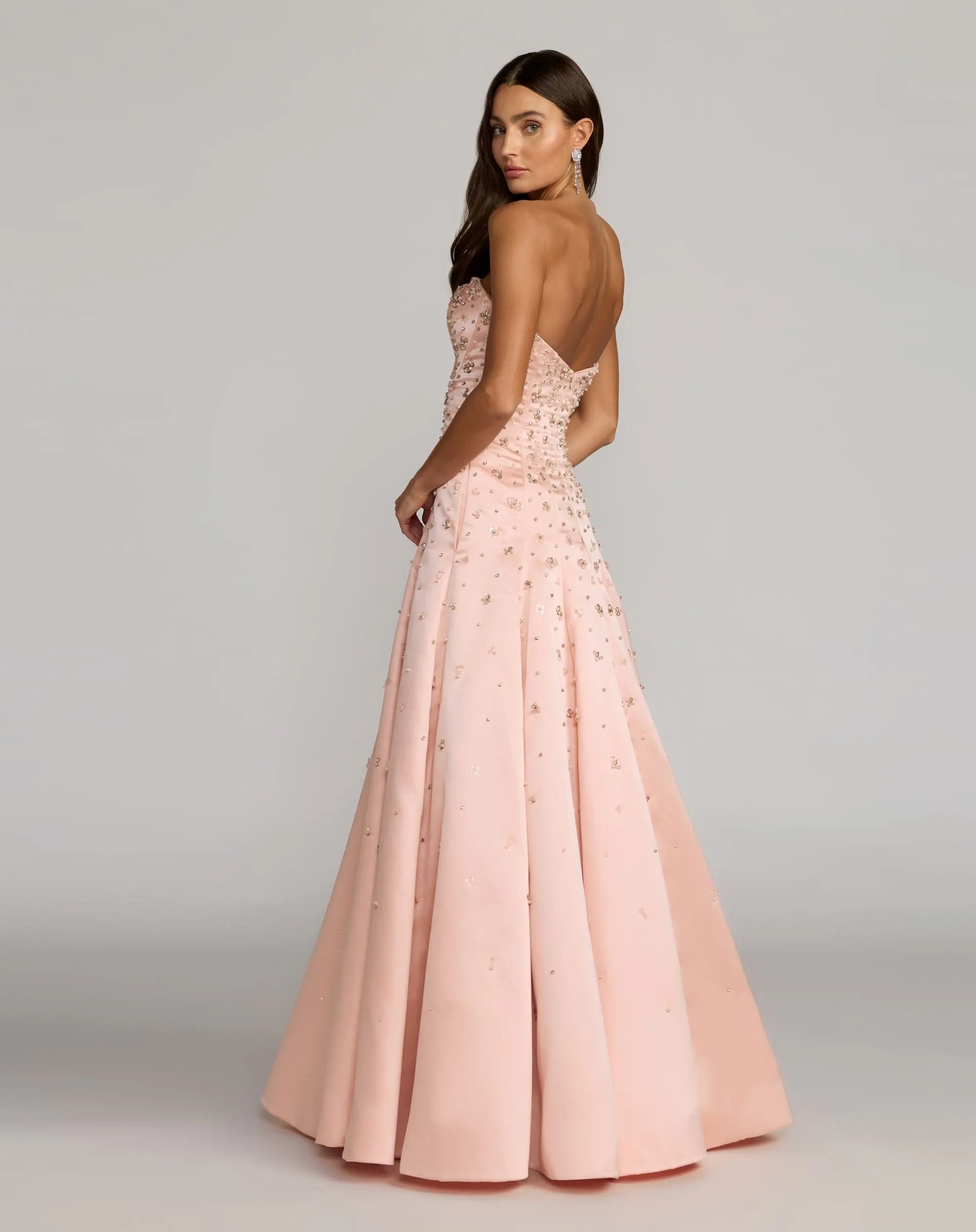 Pink Strapless Embellished Satin Ball Gown With Pockets-Myartka