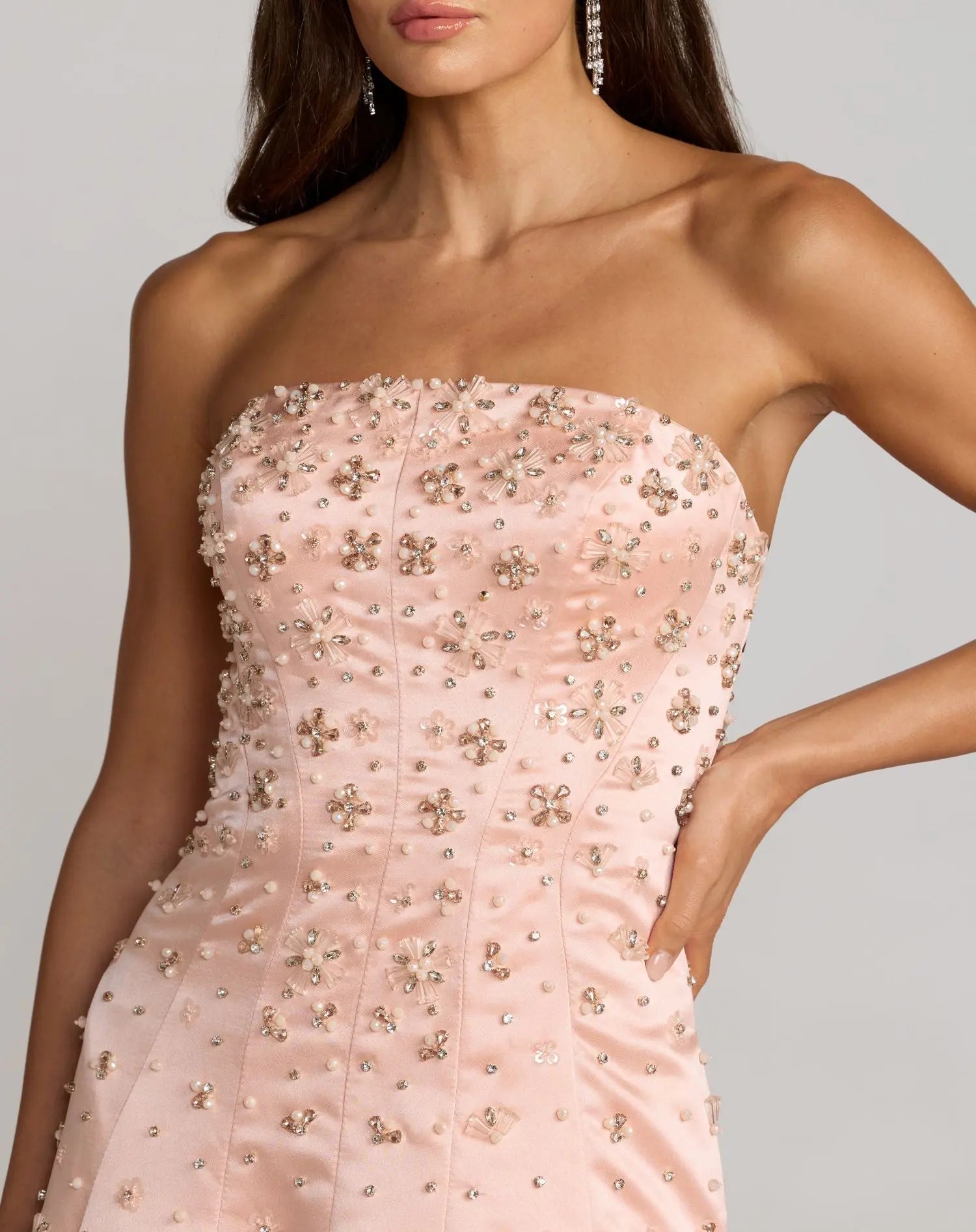Pink Strapless Embellished Satin Ball Gown With Pockets-Myartka