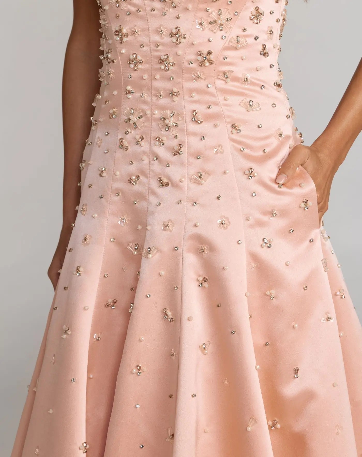 Pink Strapless Embellished Satin Ball Gown With Pockets-Myartka