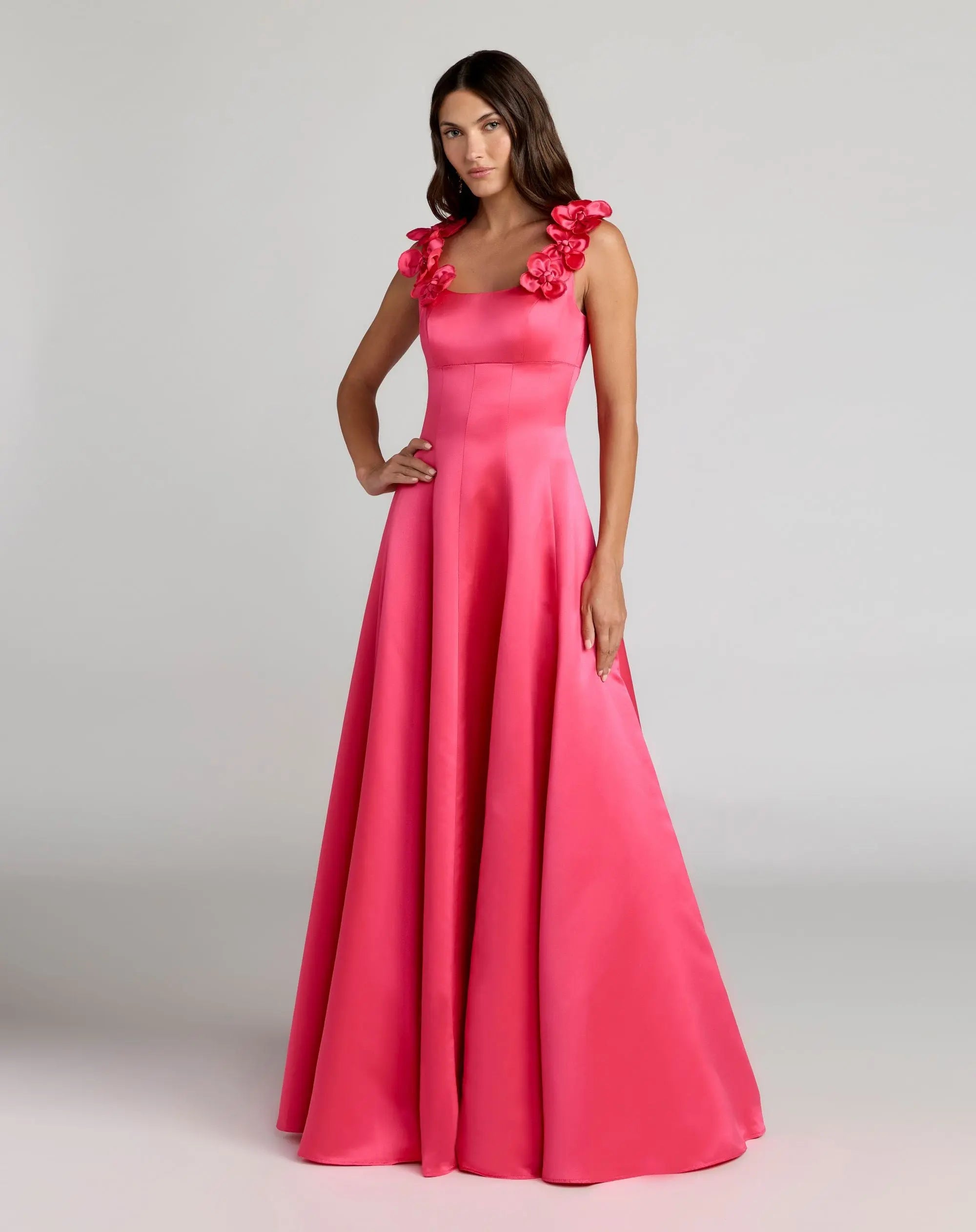 Pink Sleeveless Satin Ball Gown With 3D Flower Straps-Myartka