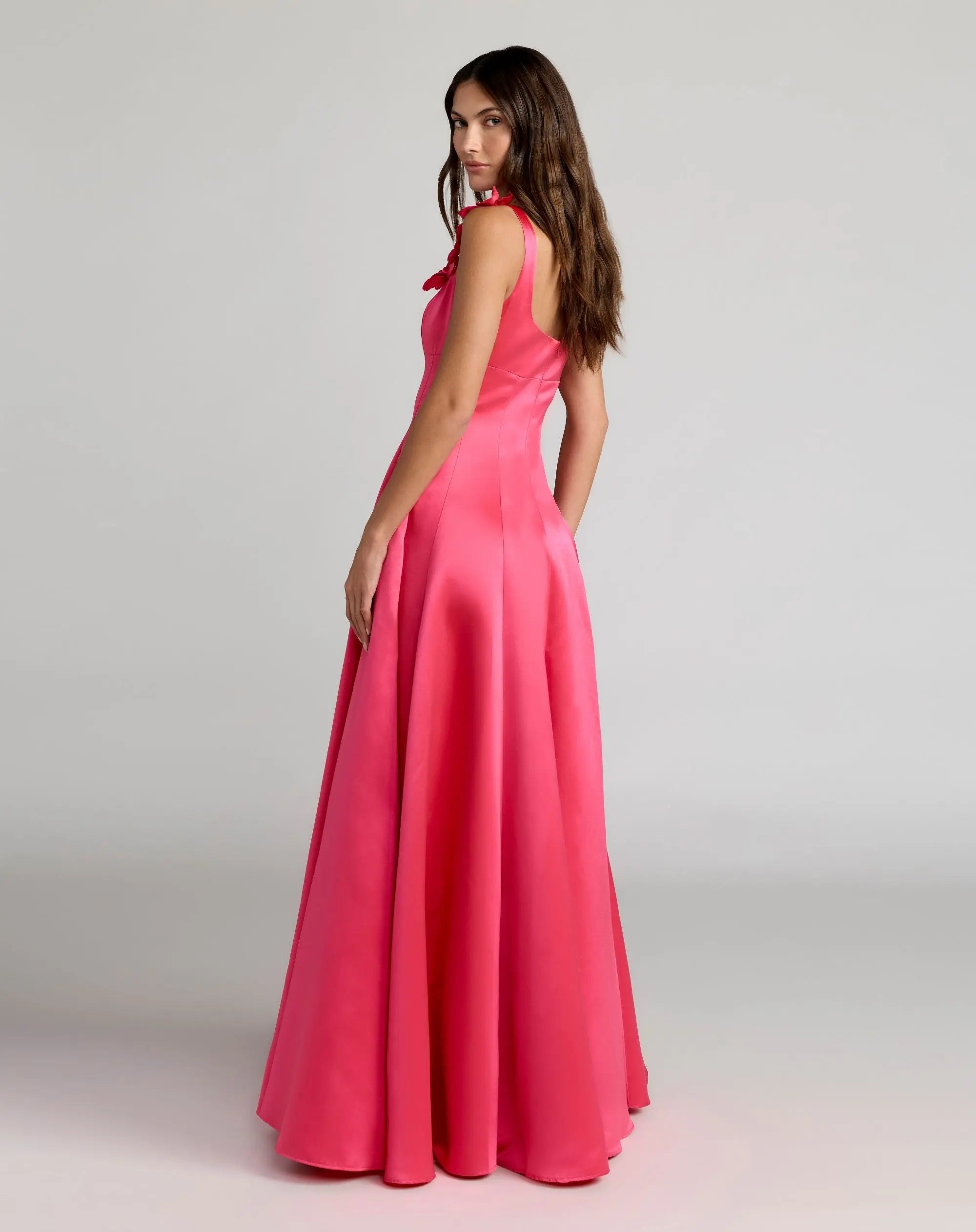Pink Sleeveless Satin Ball Gown With 3D Flower Straps-Myartka