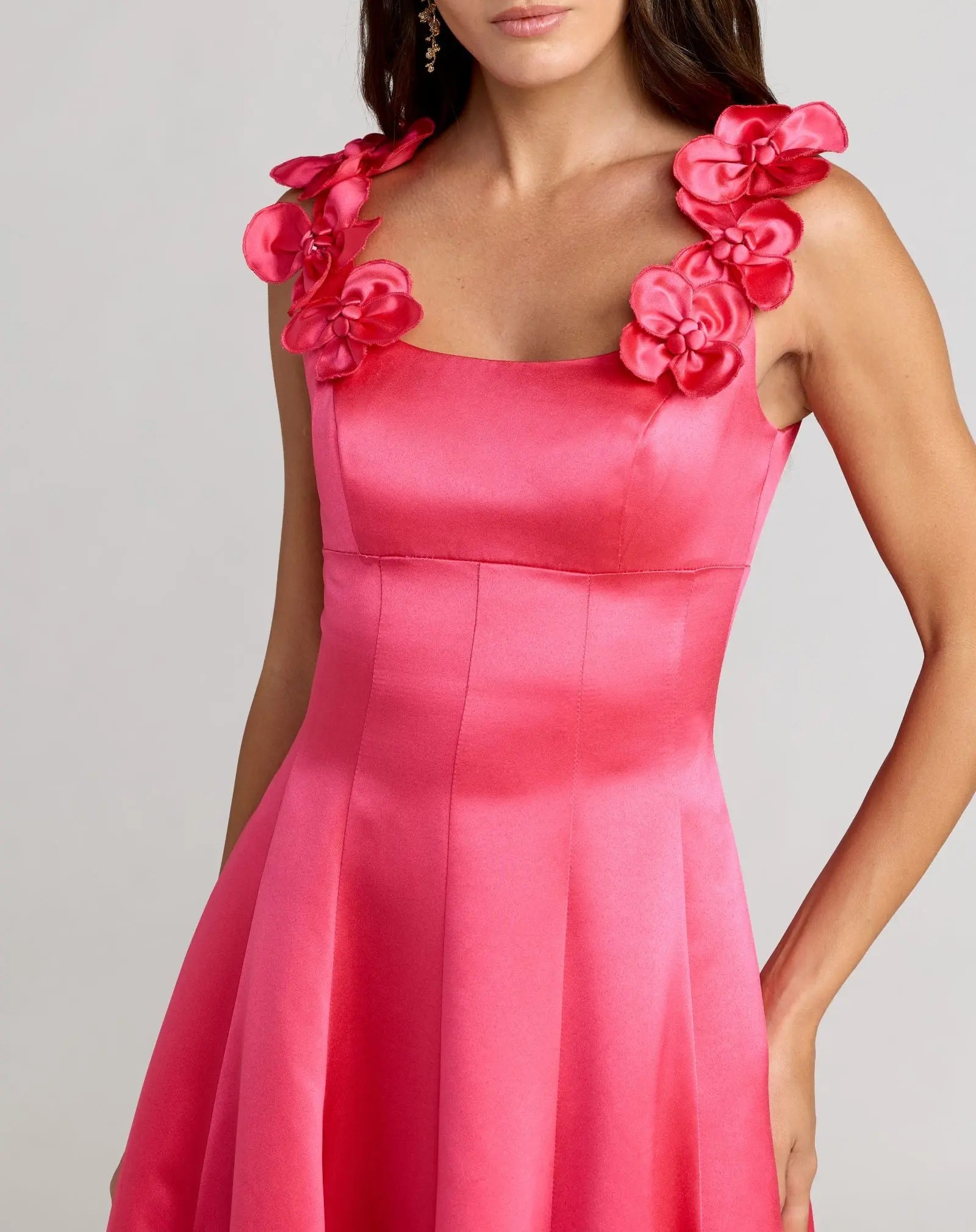Pink Sleeveless Satin Ball Gown With 3D Flower Straps-Myartka