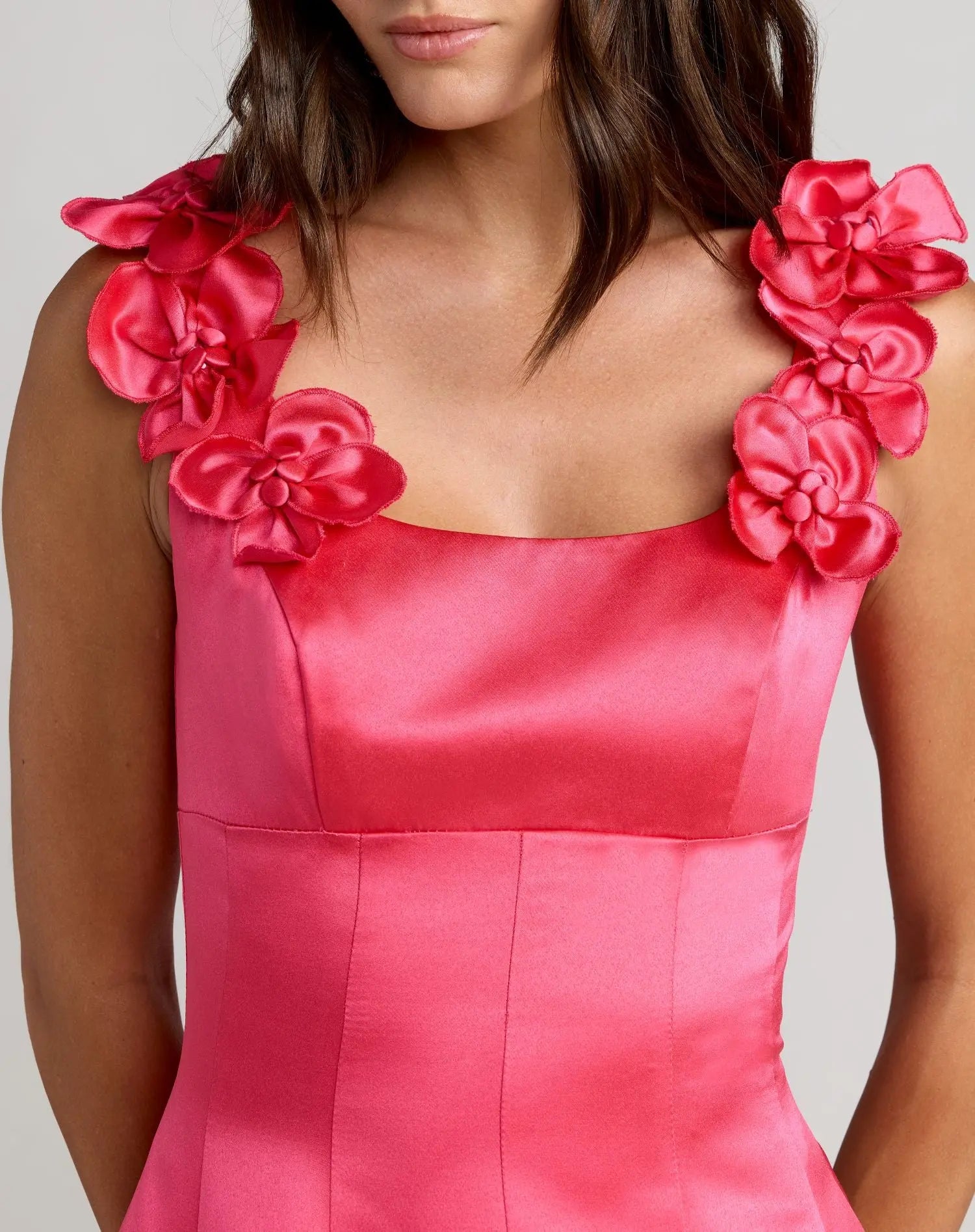 Pink Sleeveless Satin Ball Gown With 3D Flower Straps-Myartka