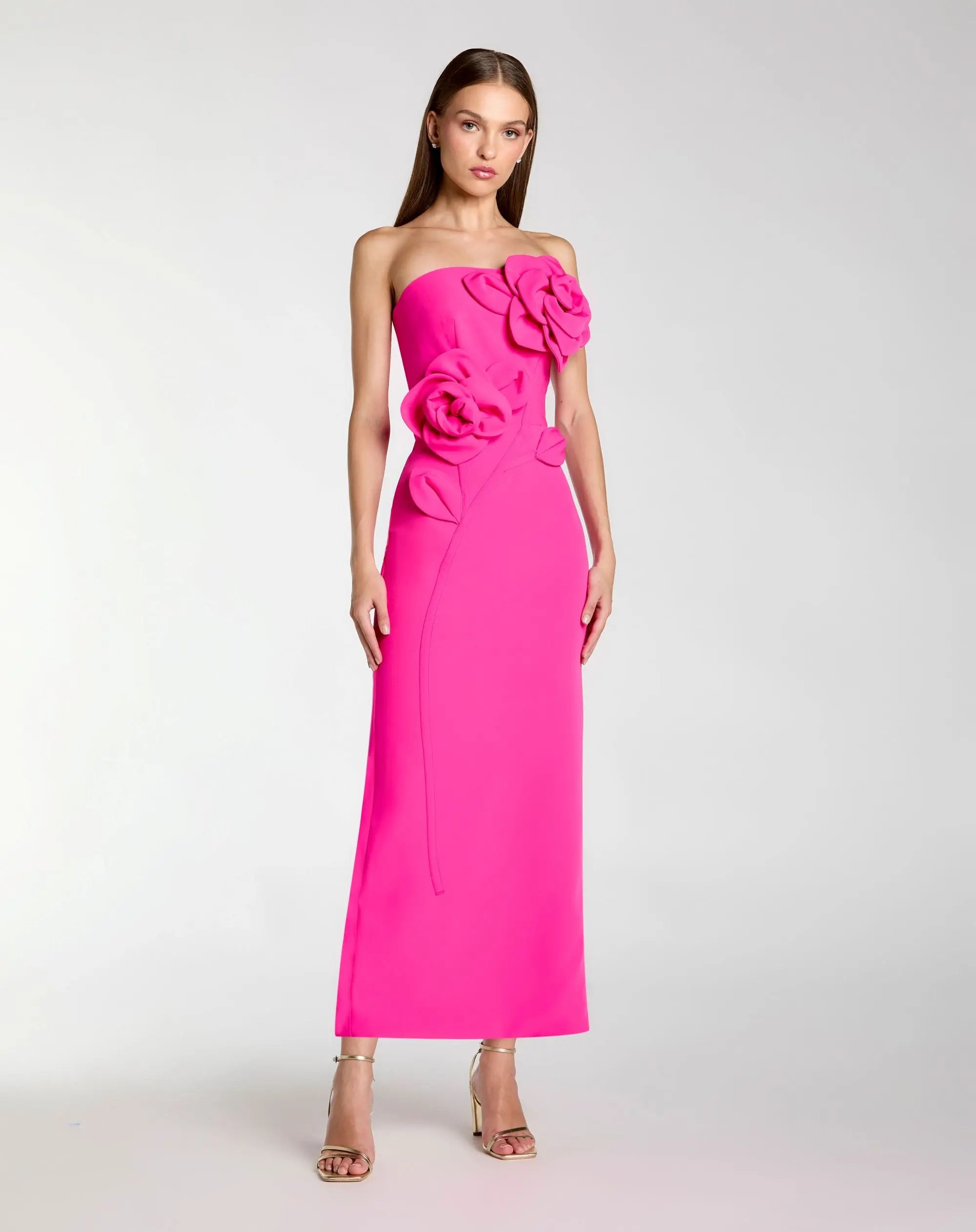 Pink Strapless Crepe Dress With 3D Flower Detail-Myartka