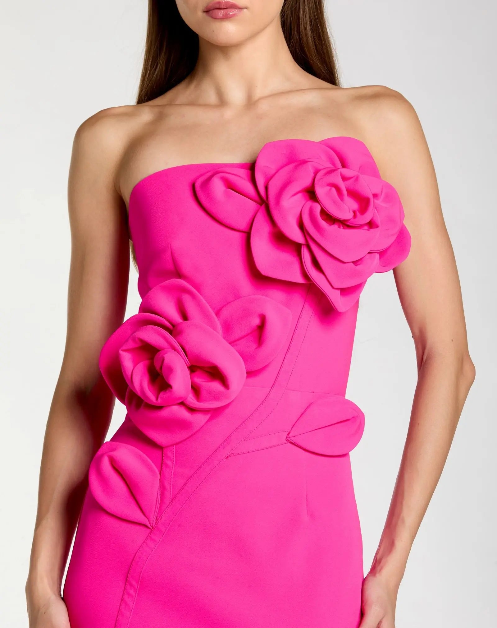 Pink Strapless Crepe Dress With 3D Flower Detail-Myartka