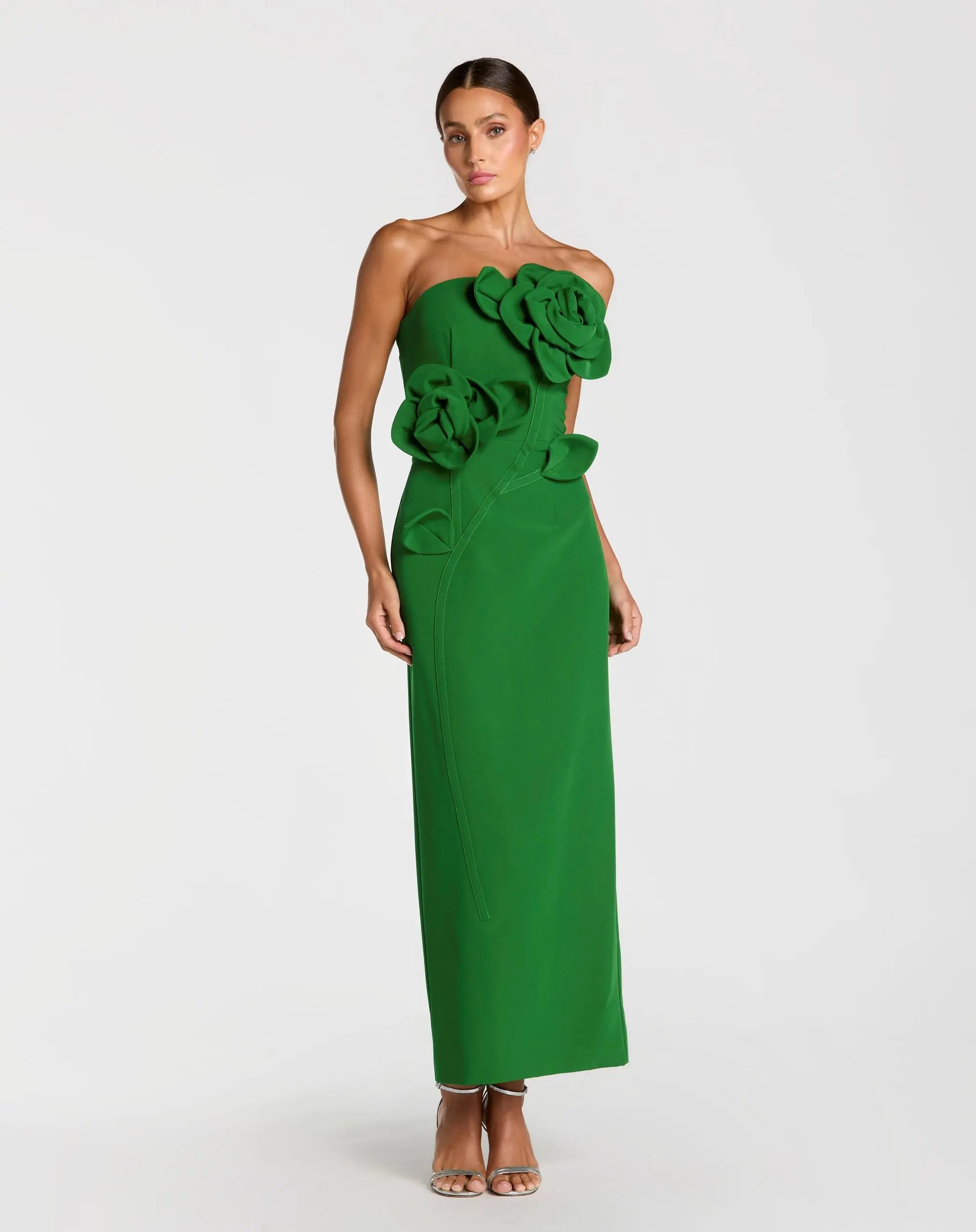 Green Strapless Crepe Dress With 3D Flower Detail-Myartka