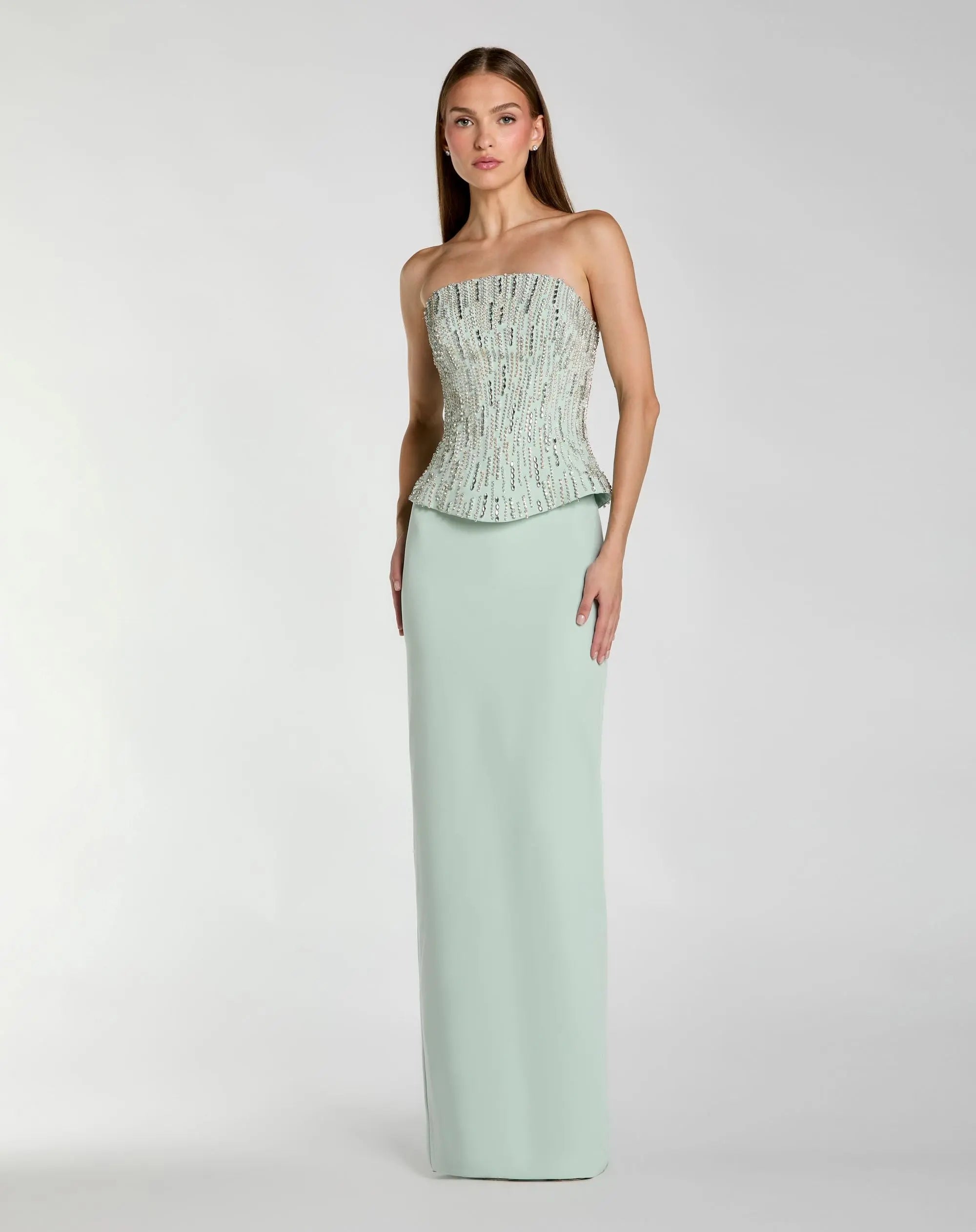 Green Embellished Crepe Strapless Column Gown-Myartka