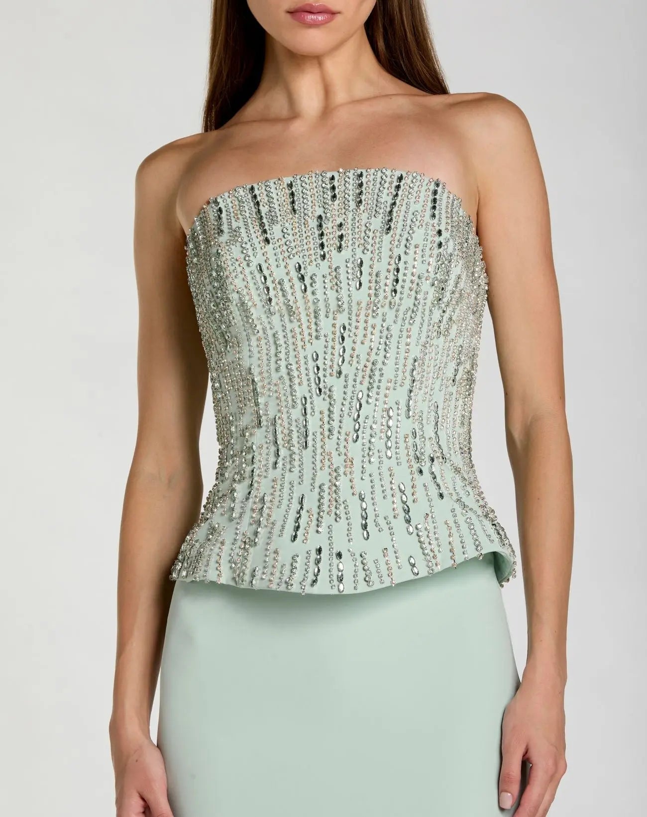 Green Embellished Crepe Strapless Column Gown-Myartka
