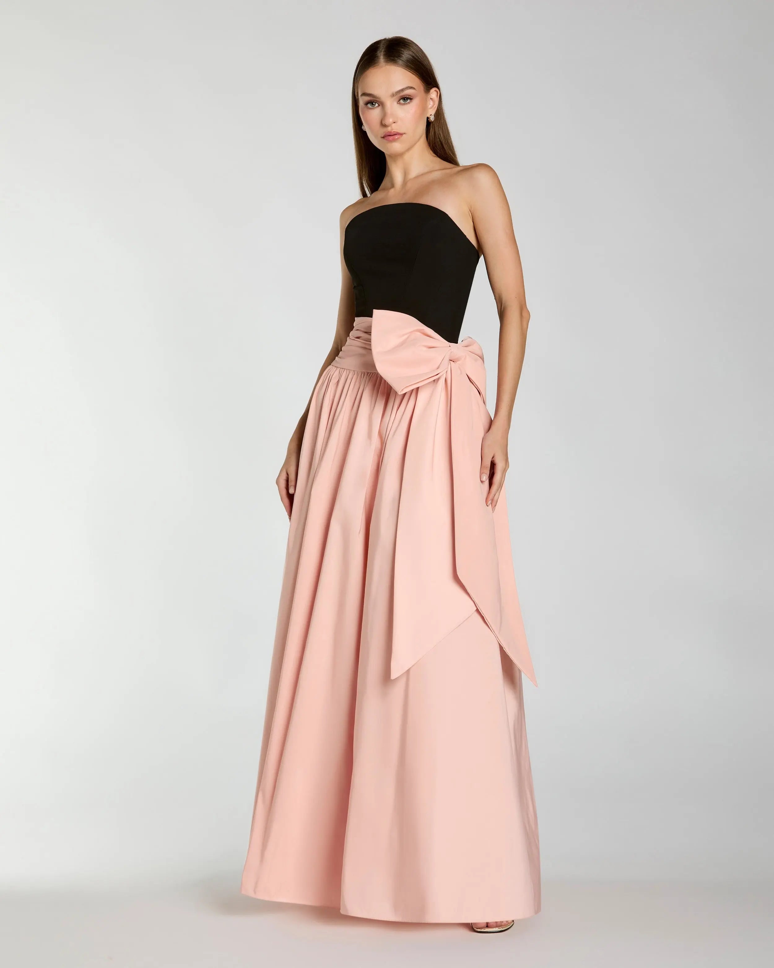 Black Pink Strapless Gown With Oversized Bow-Myartka