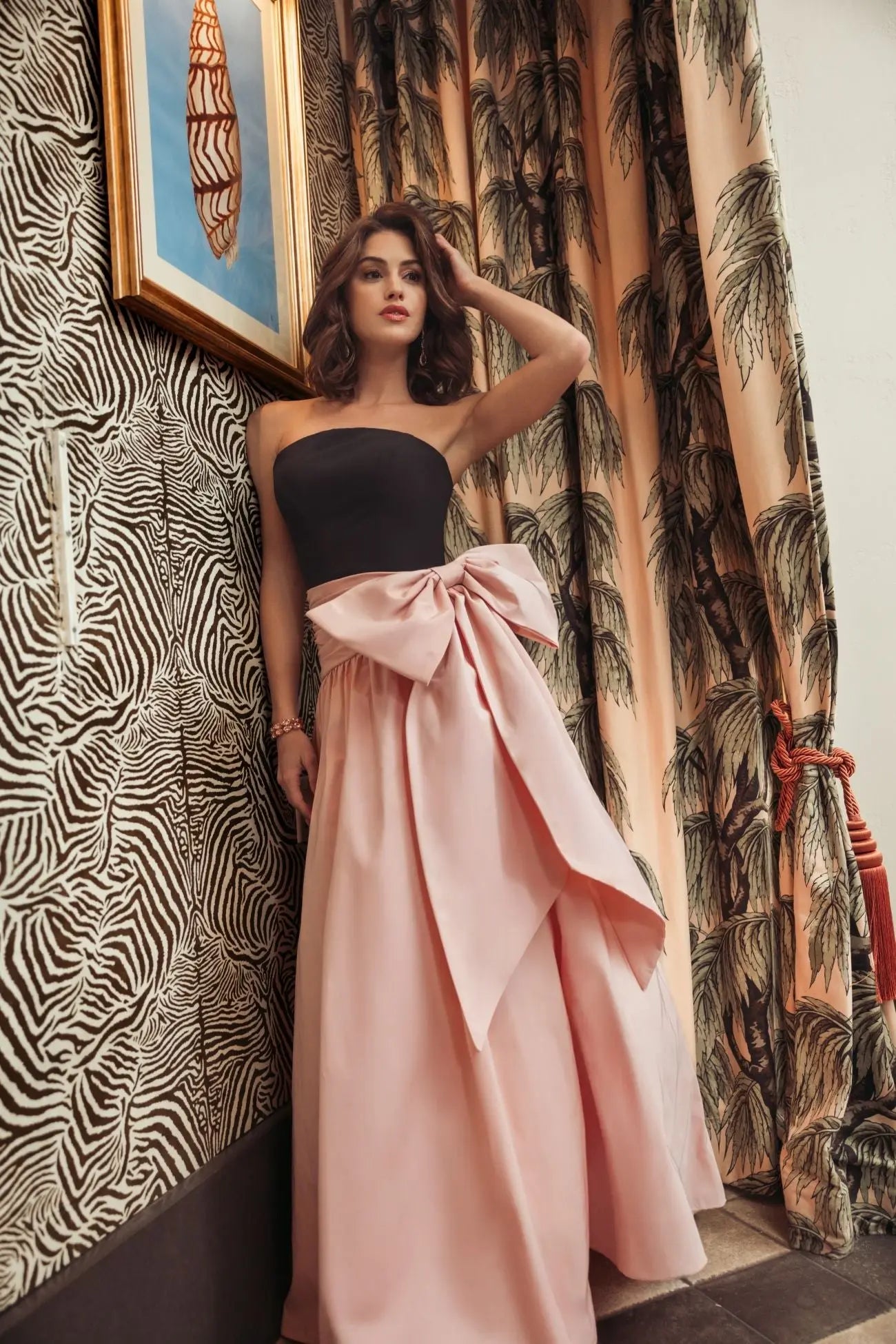 Black Pink Strapless Gown With Oversized Bow-Myartka