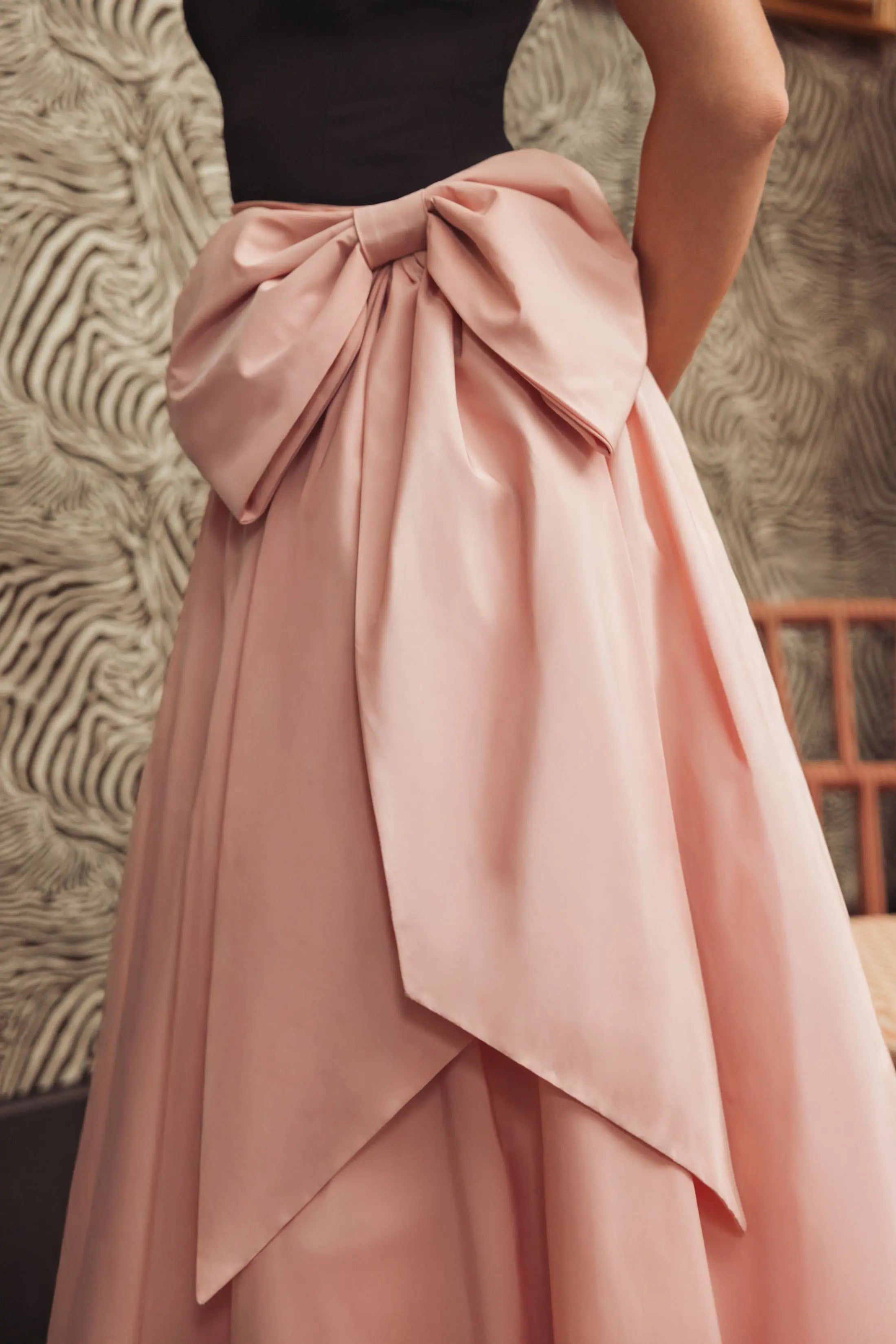 Black Pink Strapless Gown With Oversized Bow-Myartka