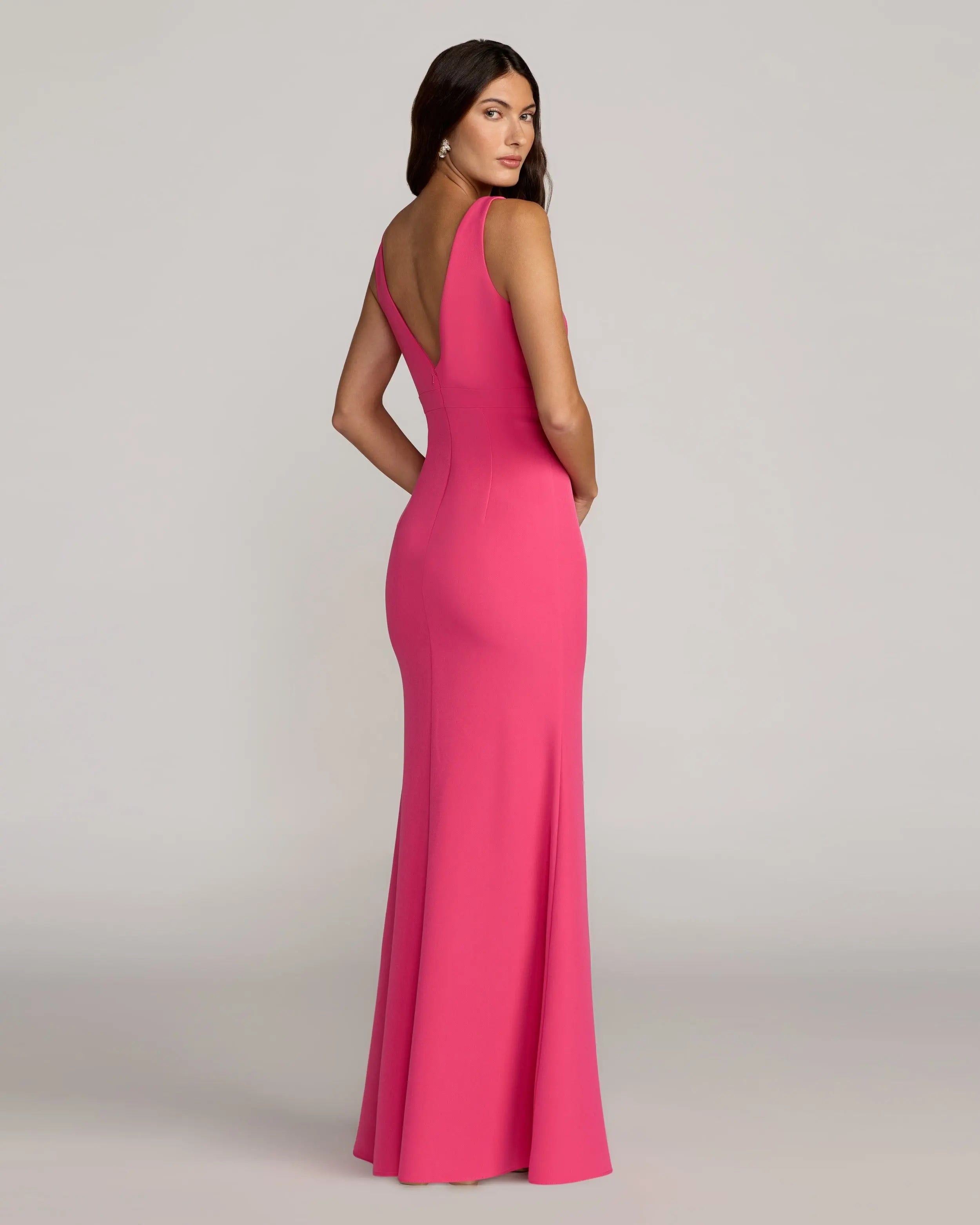 Pink Crepe V-Neck Mermaid Gown with Bow-Myartka