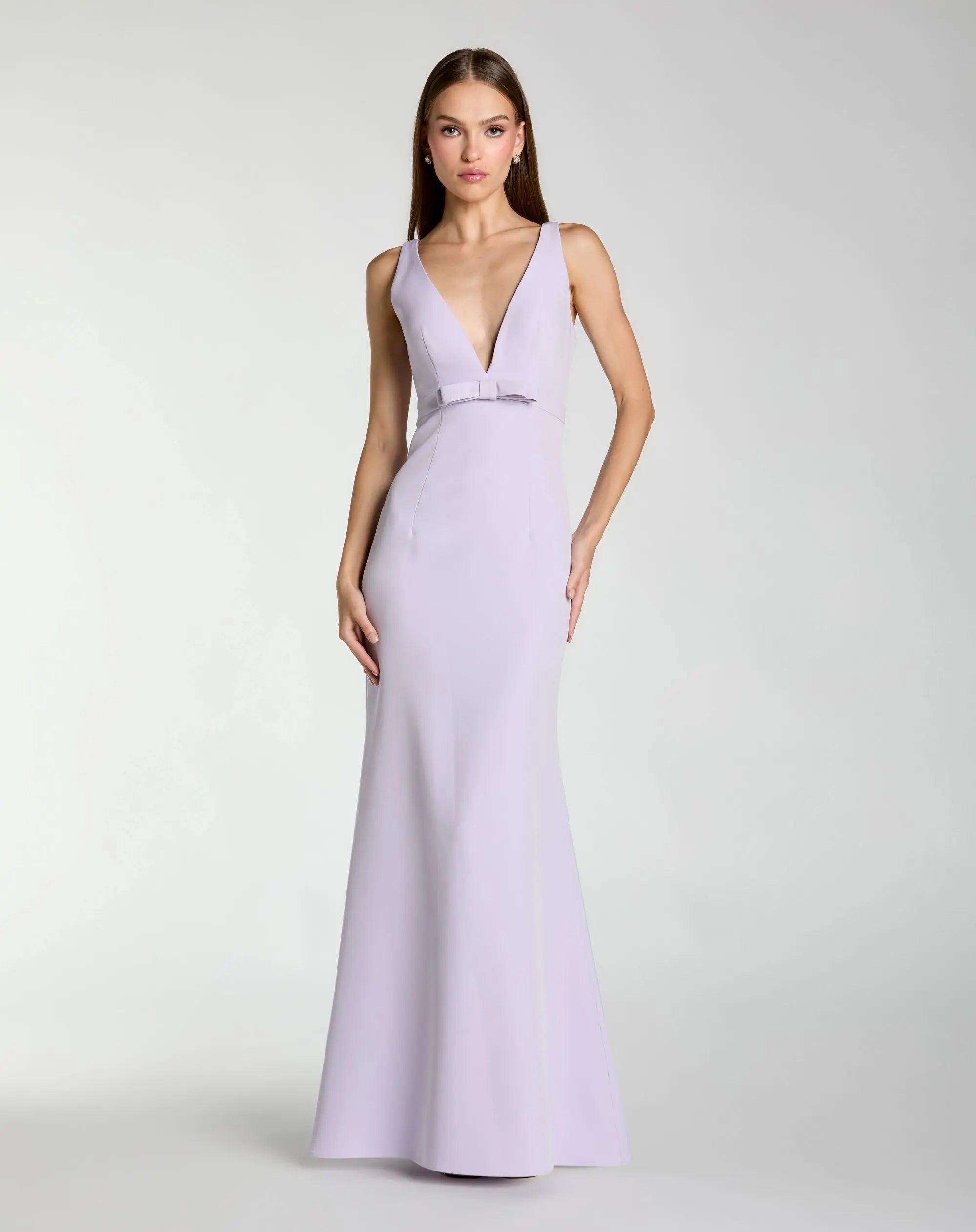 Purple Sleeveless V Neck Mermaid Gown With Bow-Myartka