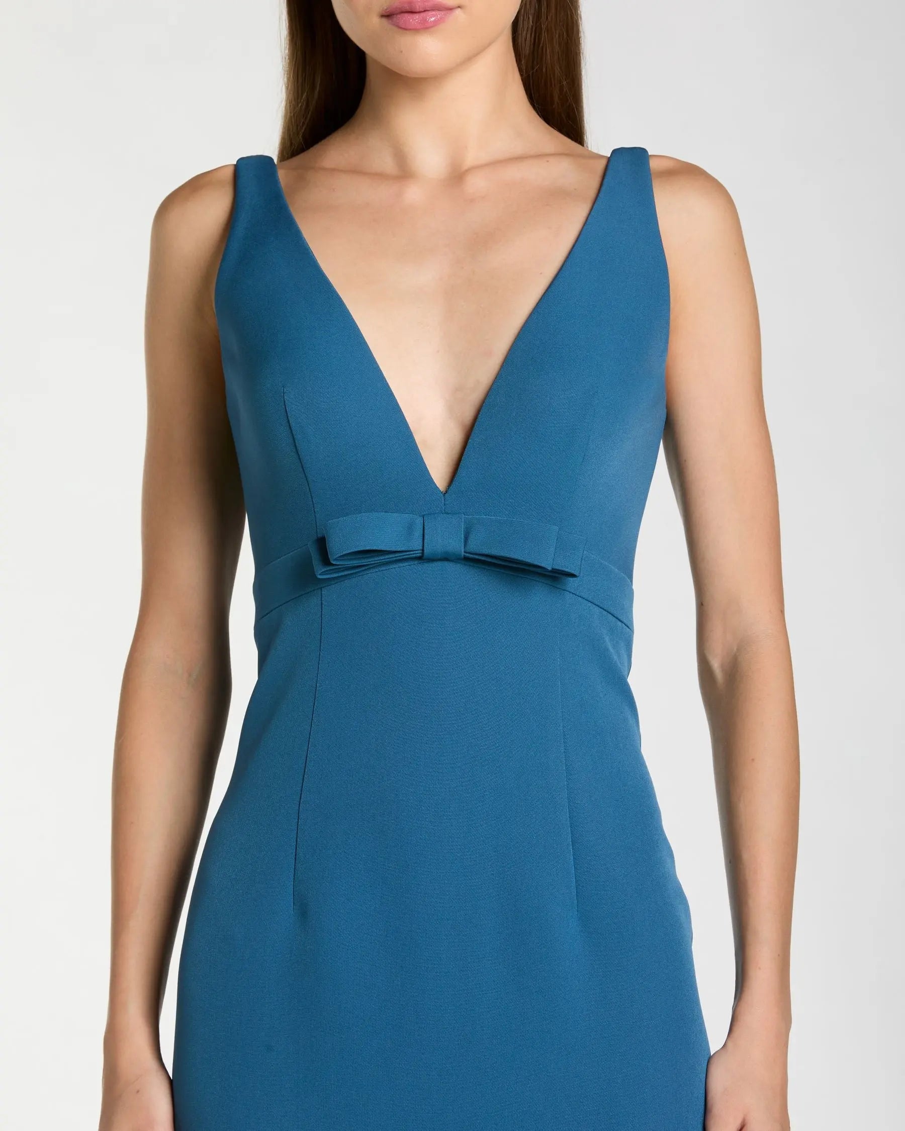 Blue Crepe Sleeveless V Neck Mermaid Gown With Bow-Myartka