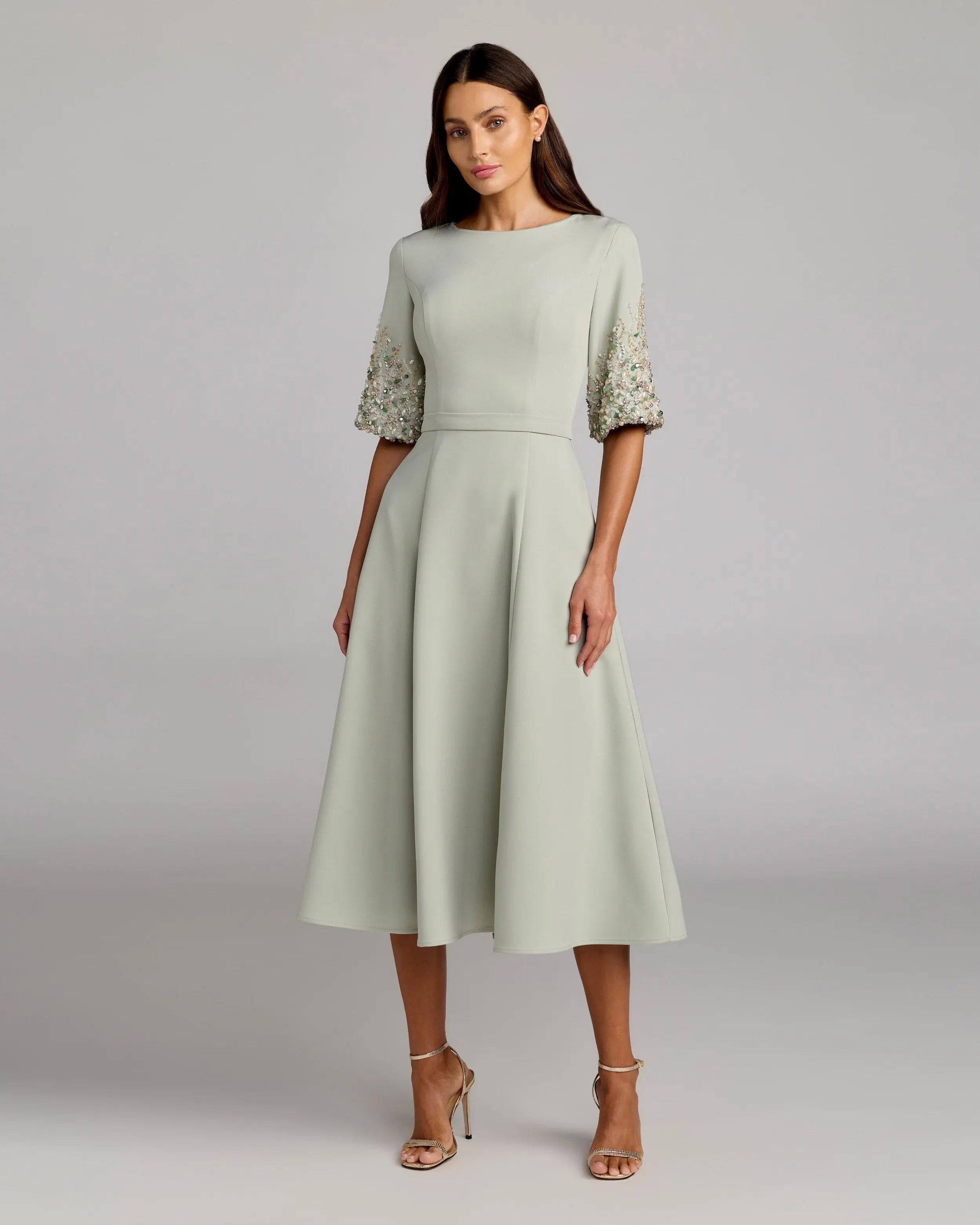 Green Crepe A Line Midi Dress With Beaded Sleeves-Myartka