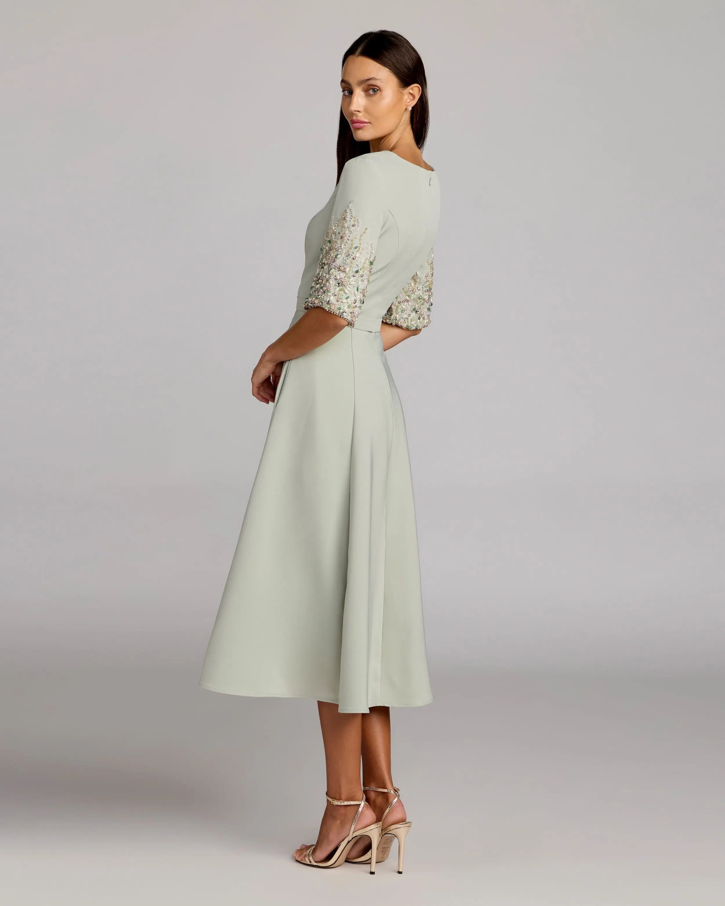 Green Crepe A Line Midi Dress With Beaded Sleeves-Myartka