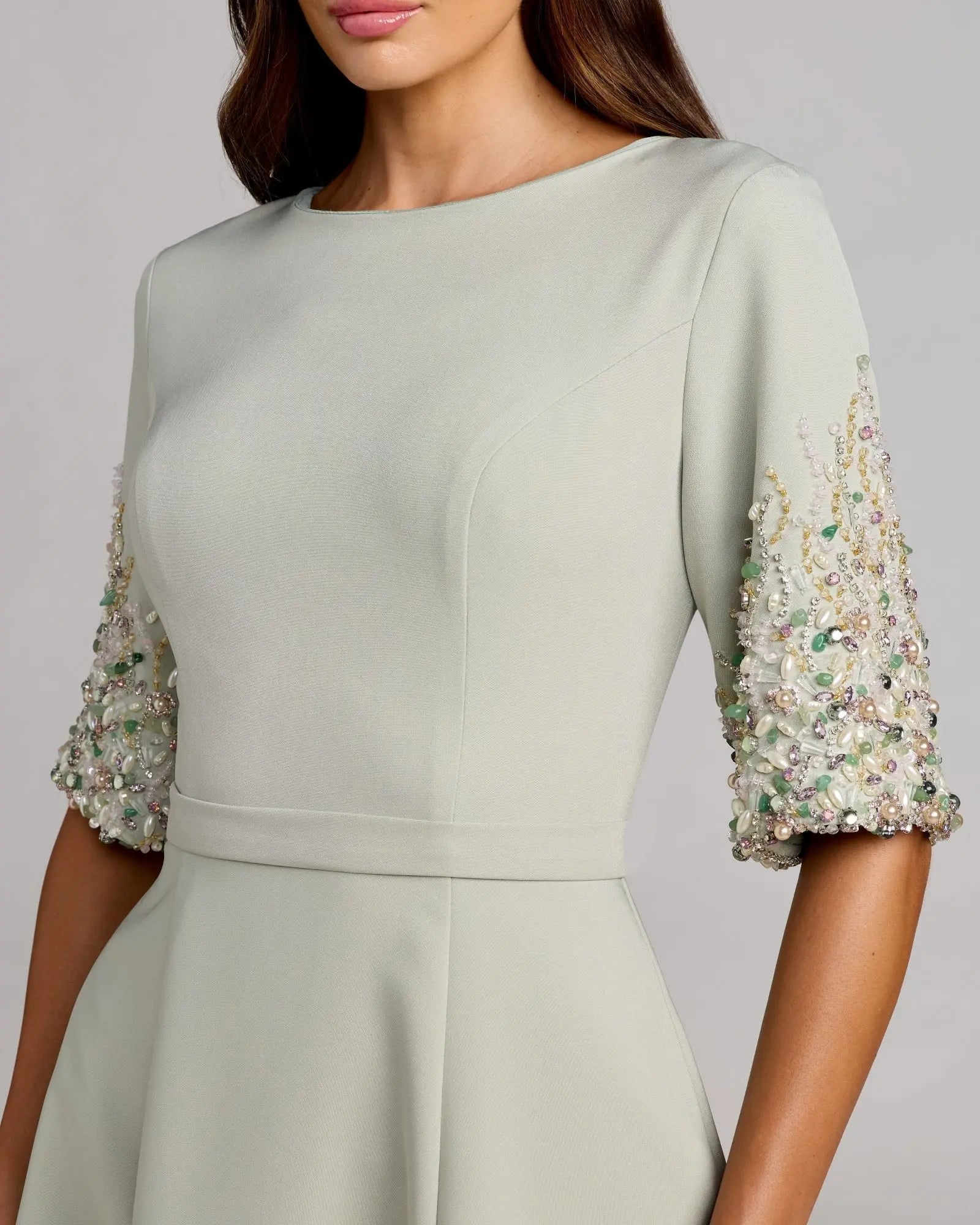Green Crepe A Line Midi Dress With Beaded Sleeves-Myartka