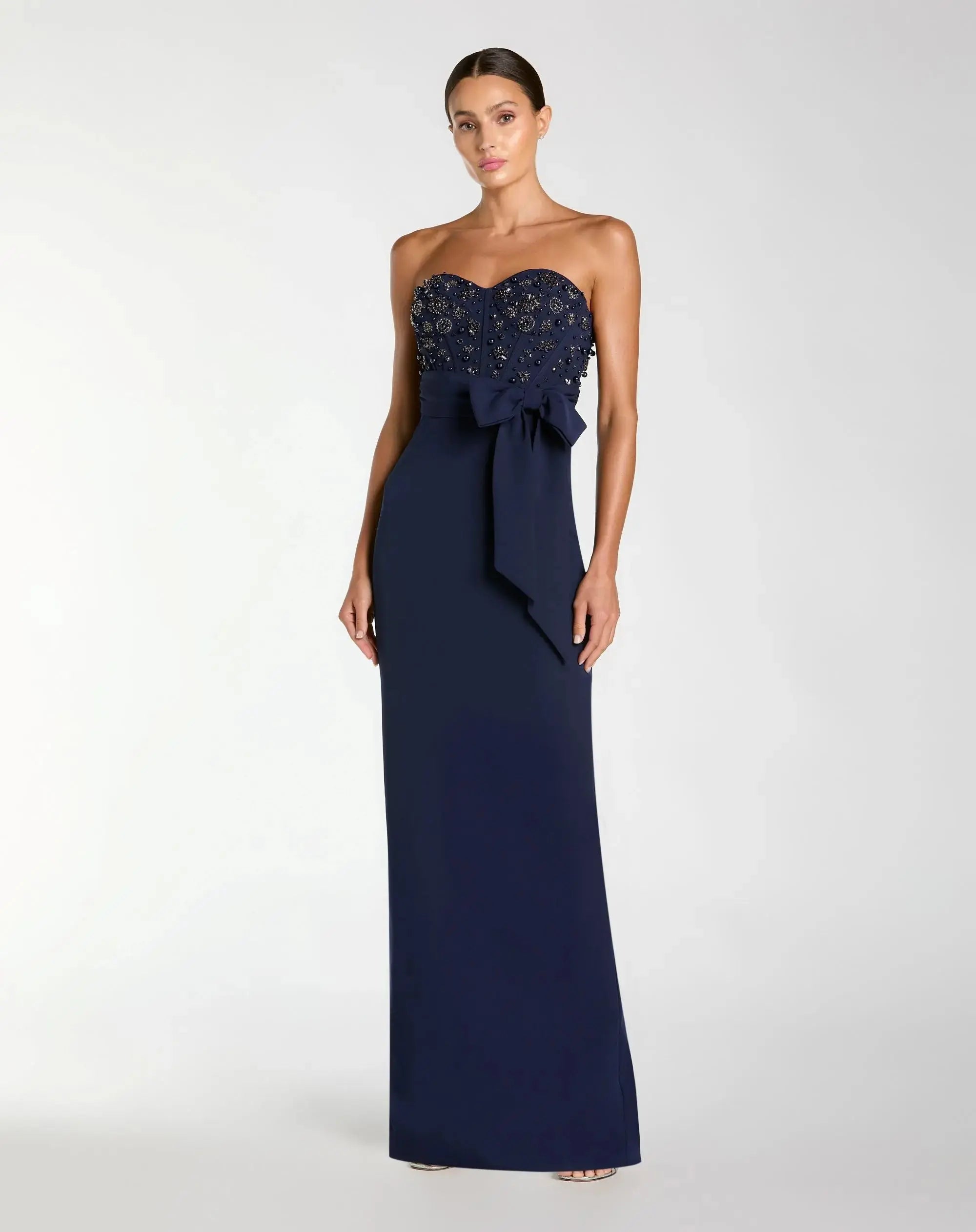 Navy Strapless Embellished Bustier Gown with Bow-Myartka