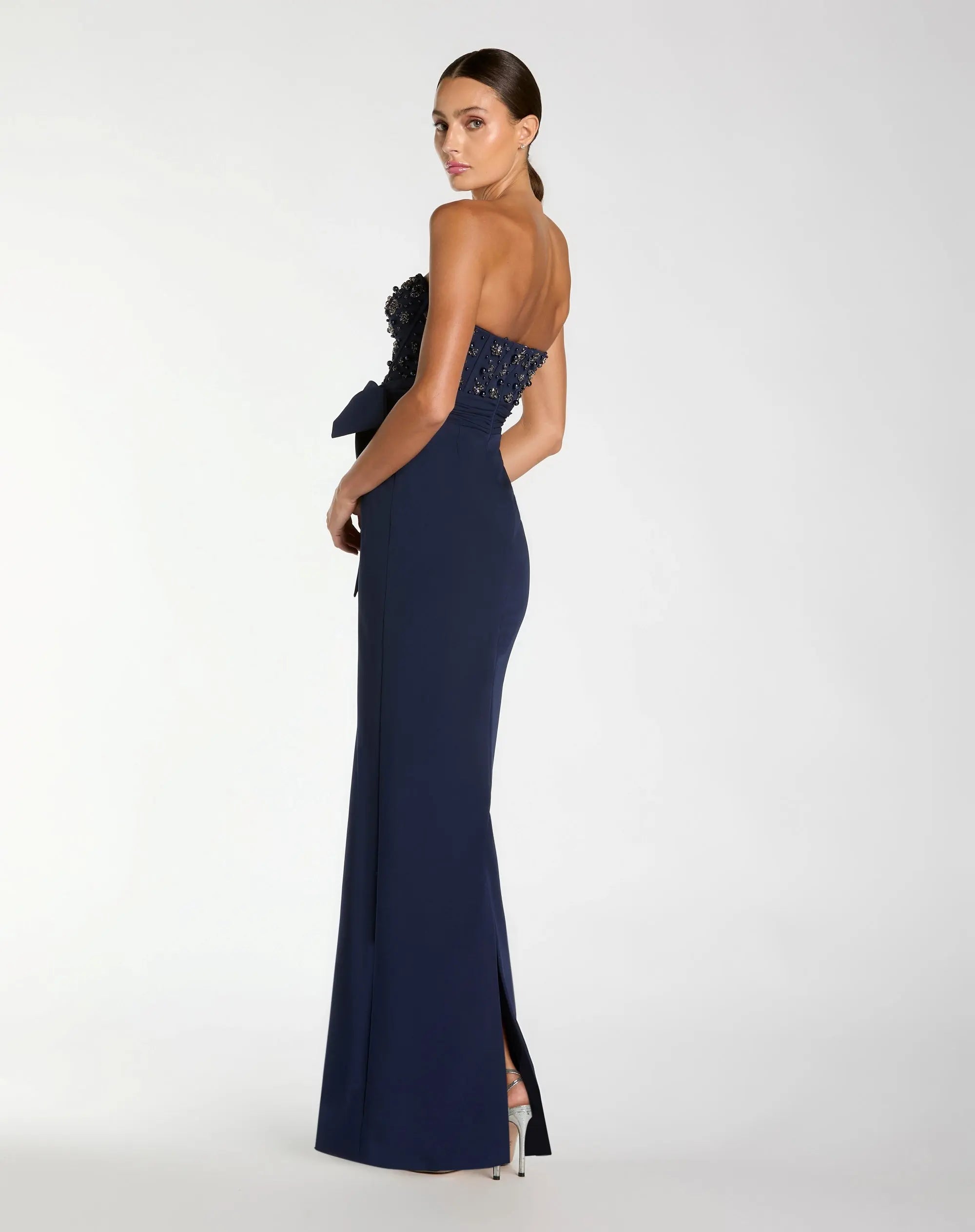 Navy Strapless Embellished Bustier Gown with Bow-Myartka