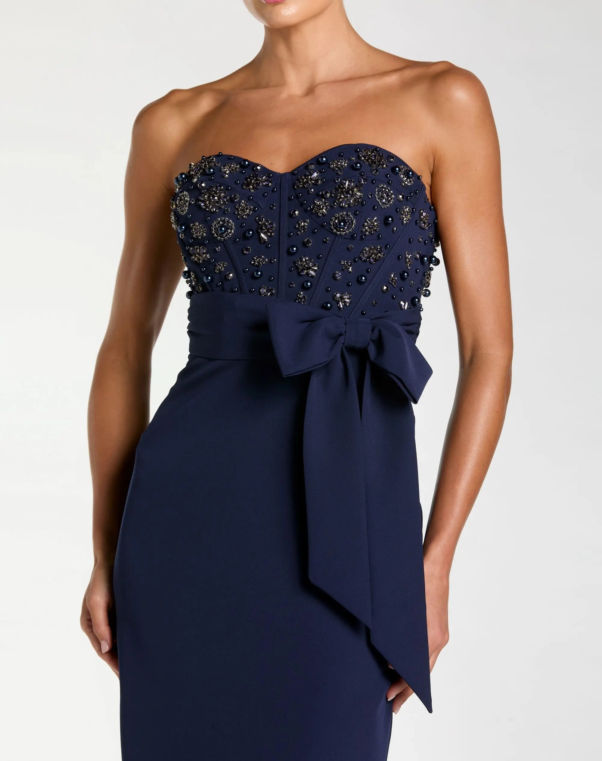 Navy Strapless Embellished Bustier Gown with Bow-Myartka