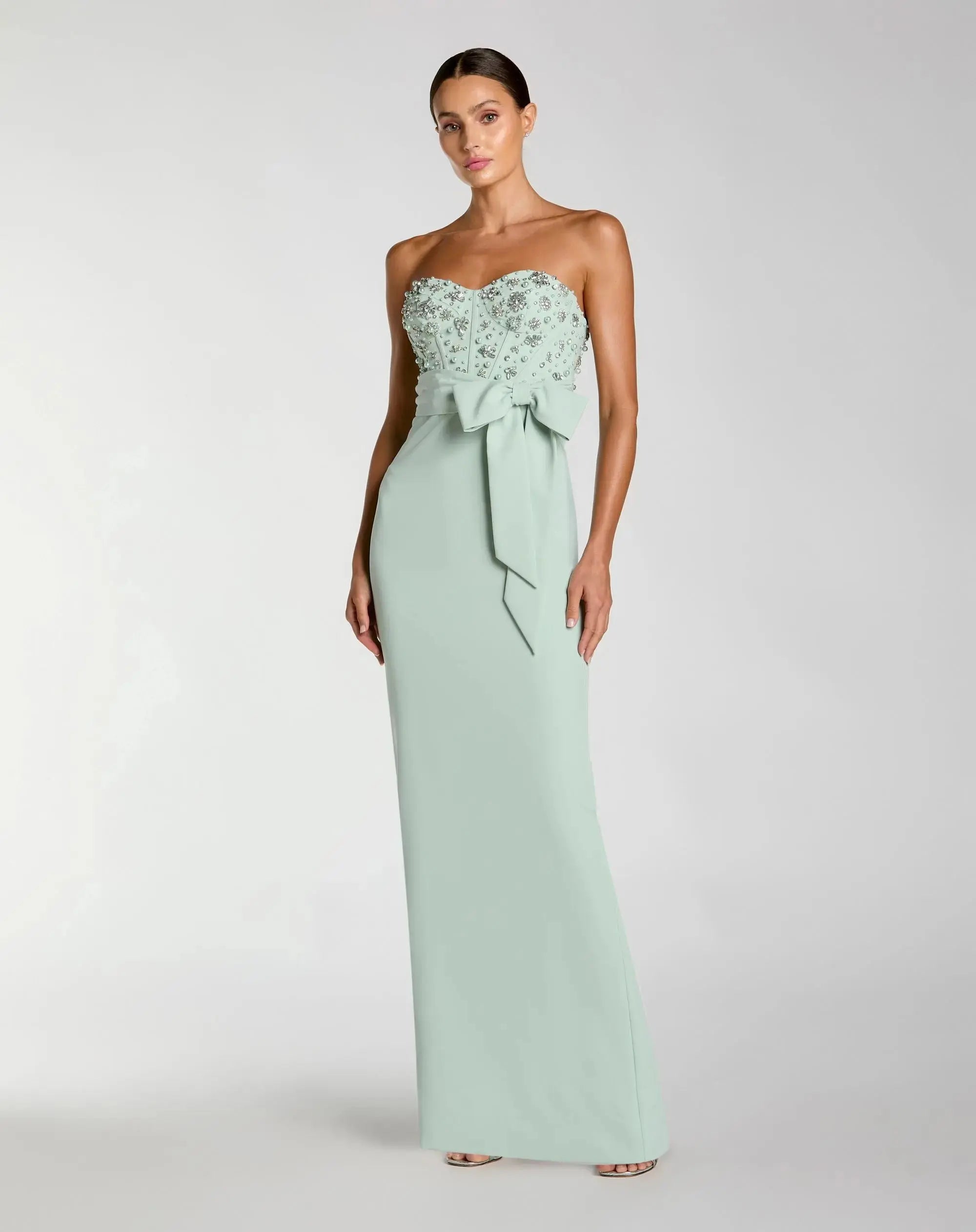 Green Strapless Embellished Bustier Gown with Bow-Myartka