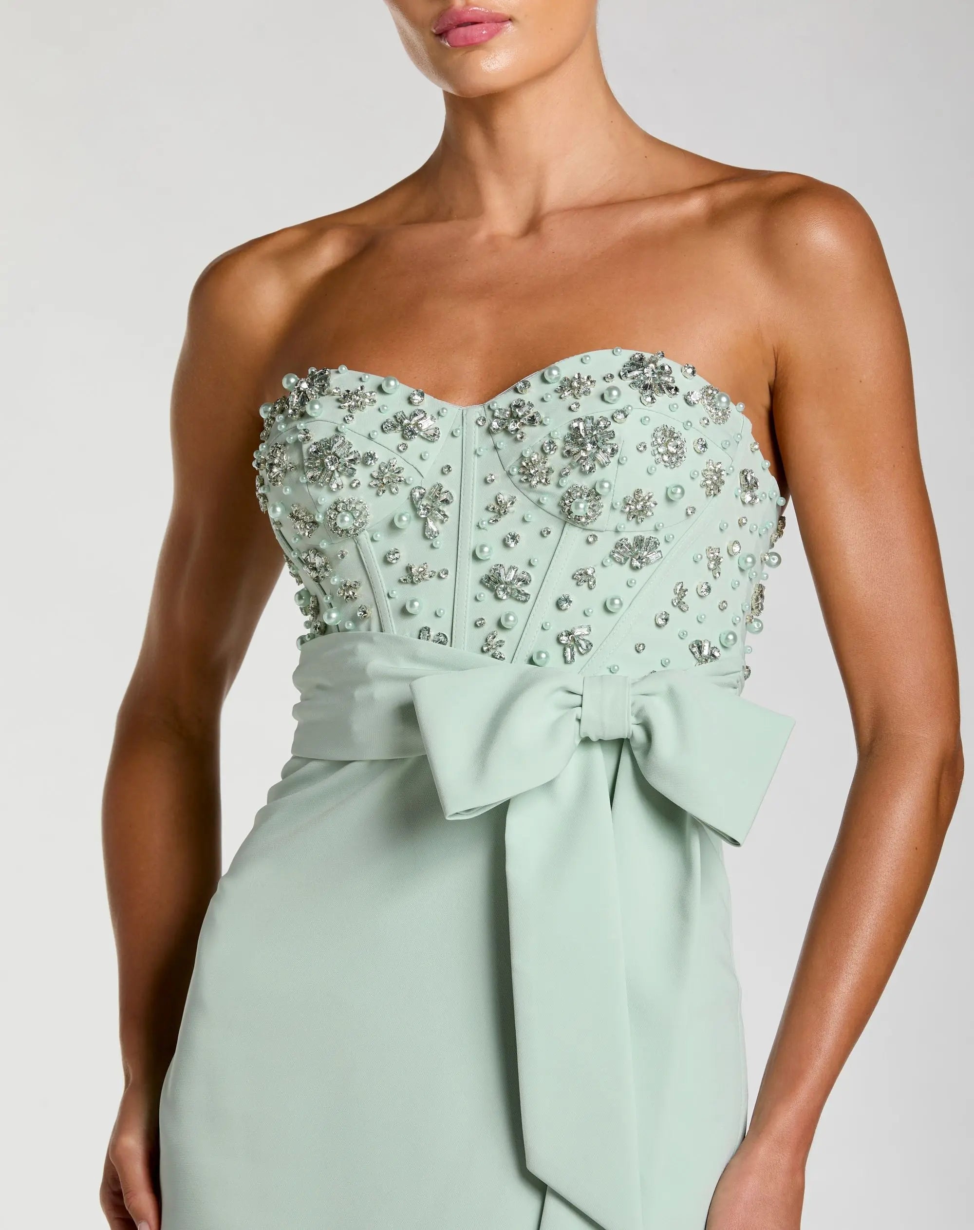Green Strapless Embellished Bustier Gown with Bow-Myartka