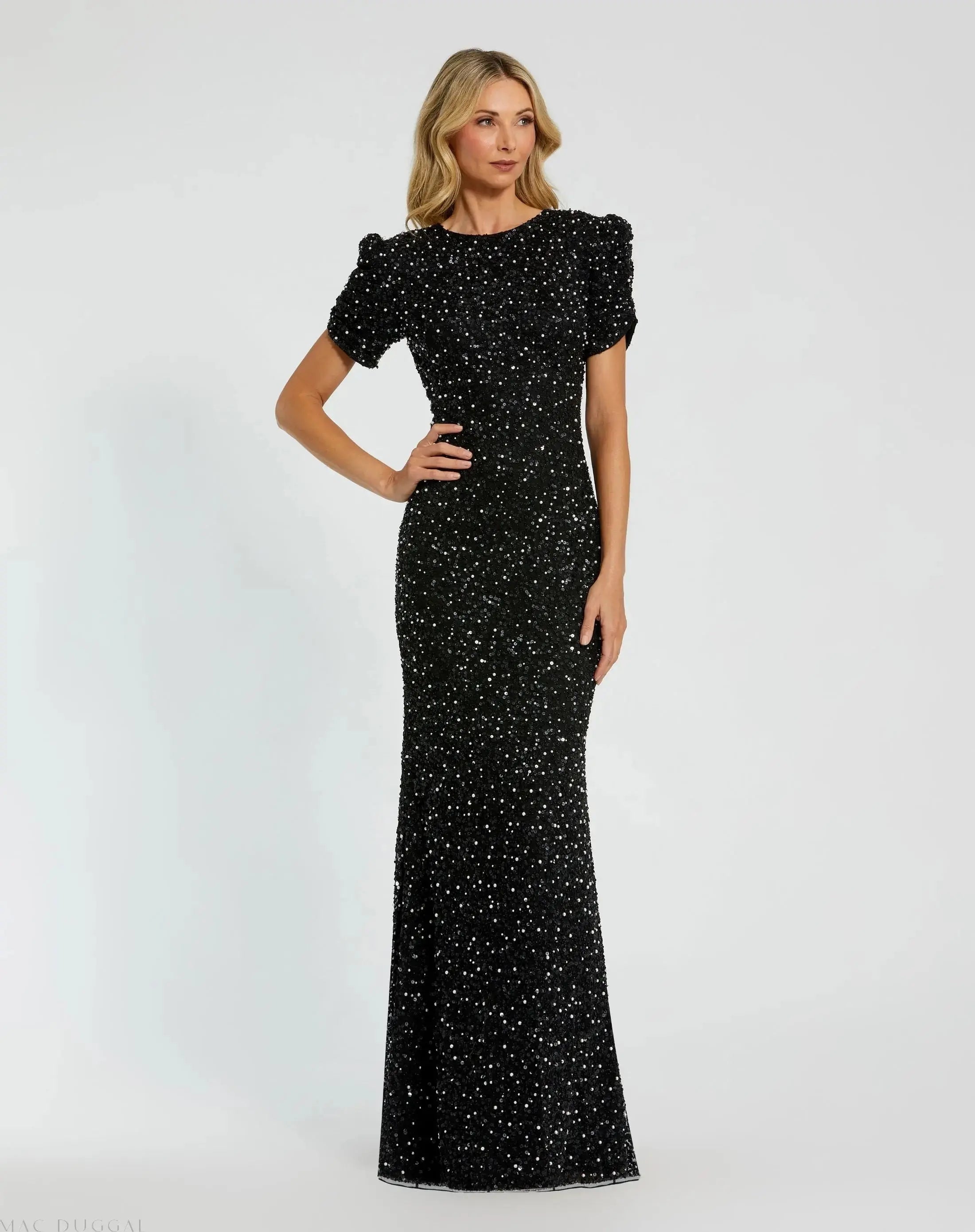 Black Gathered Short Sleeve Embellished Gown-Myartka