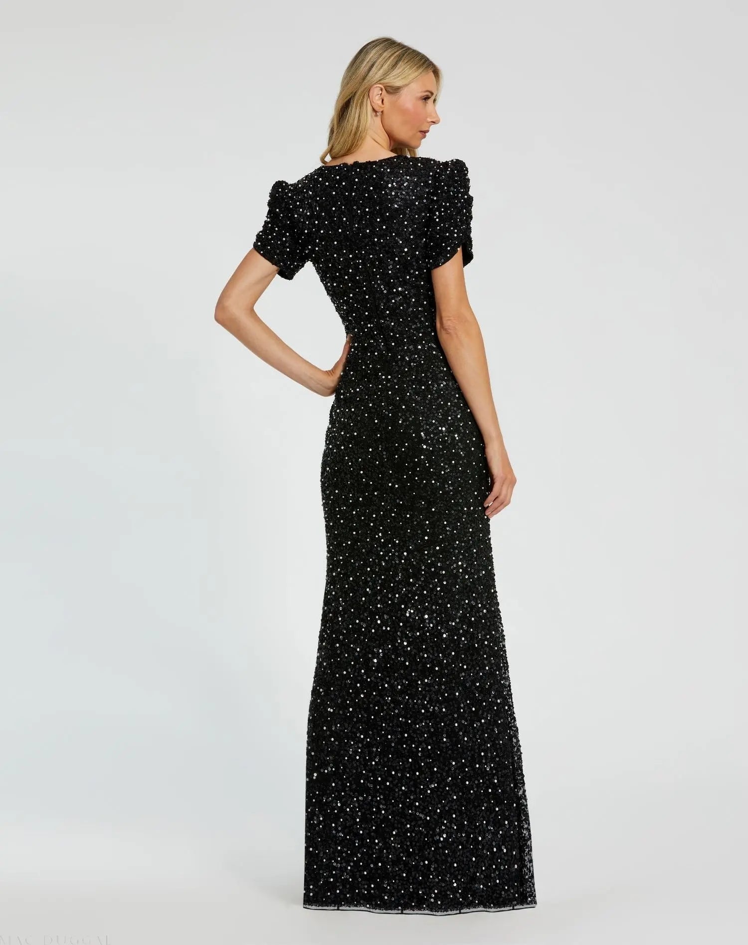 Black Gathered Short Sleeve Embellished Gown-Myartka