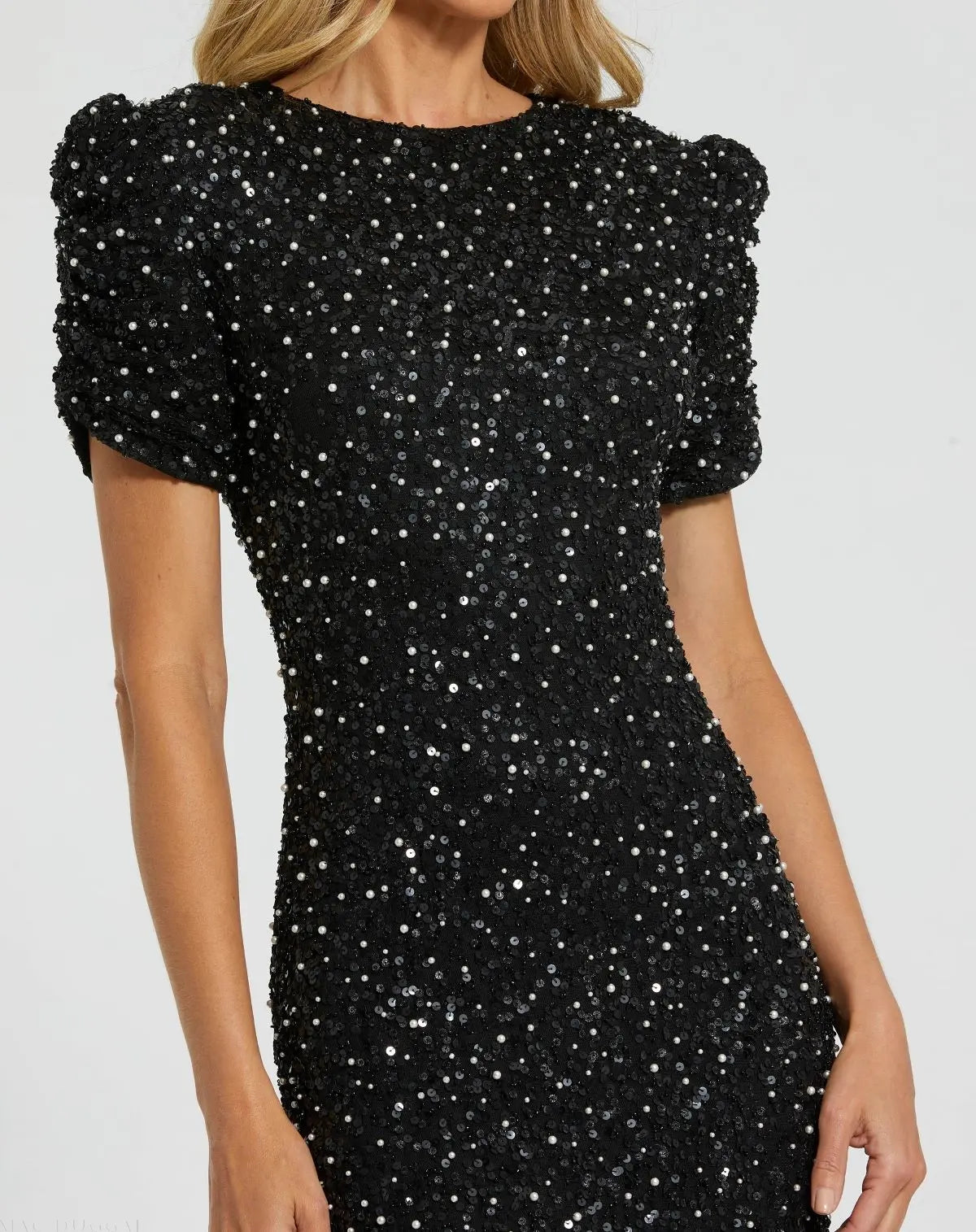 Black Gathered Short Sleeve Embellished Gown-Myartka