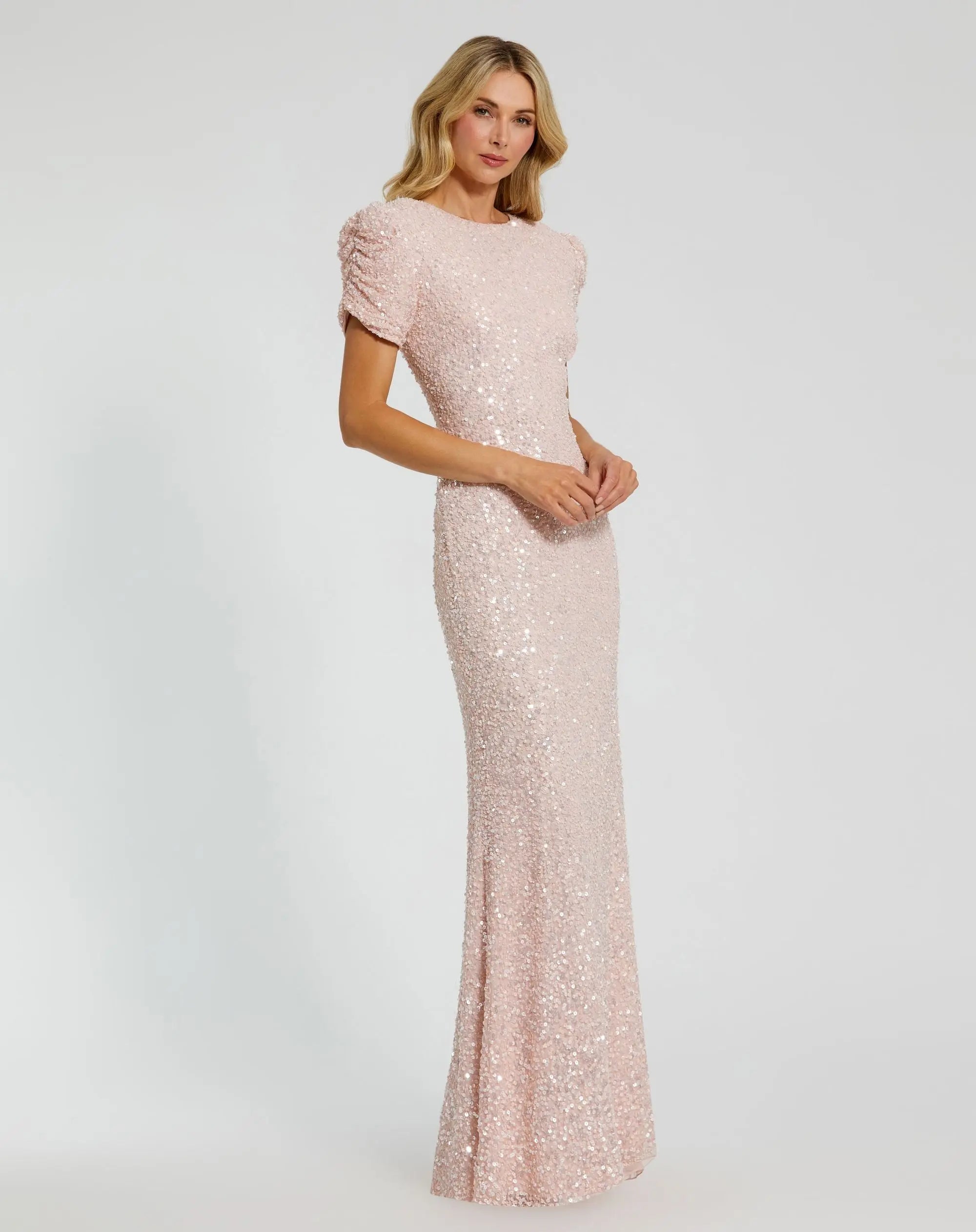 Petite Pink Gathered Short Sleeve Embellished Gown-Myartka