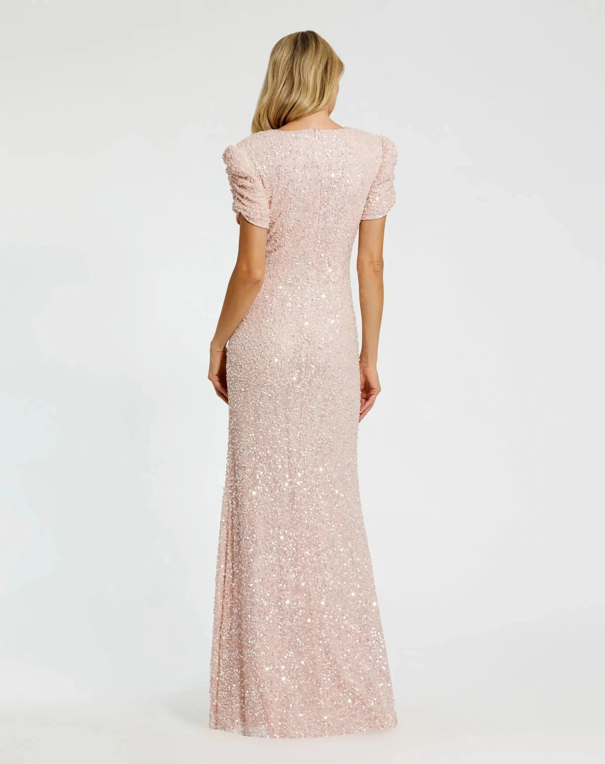 Pink Gathered Short Sleeve Embellished Gown-Myartka