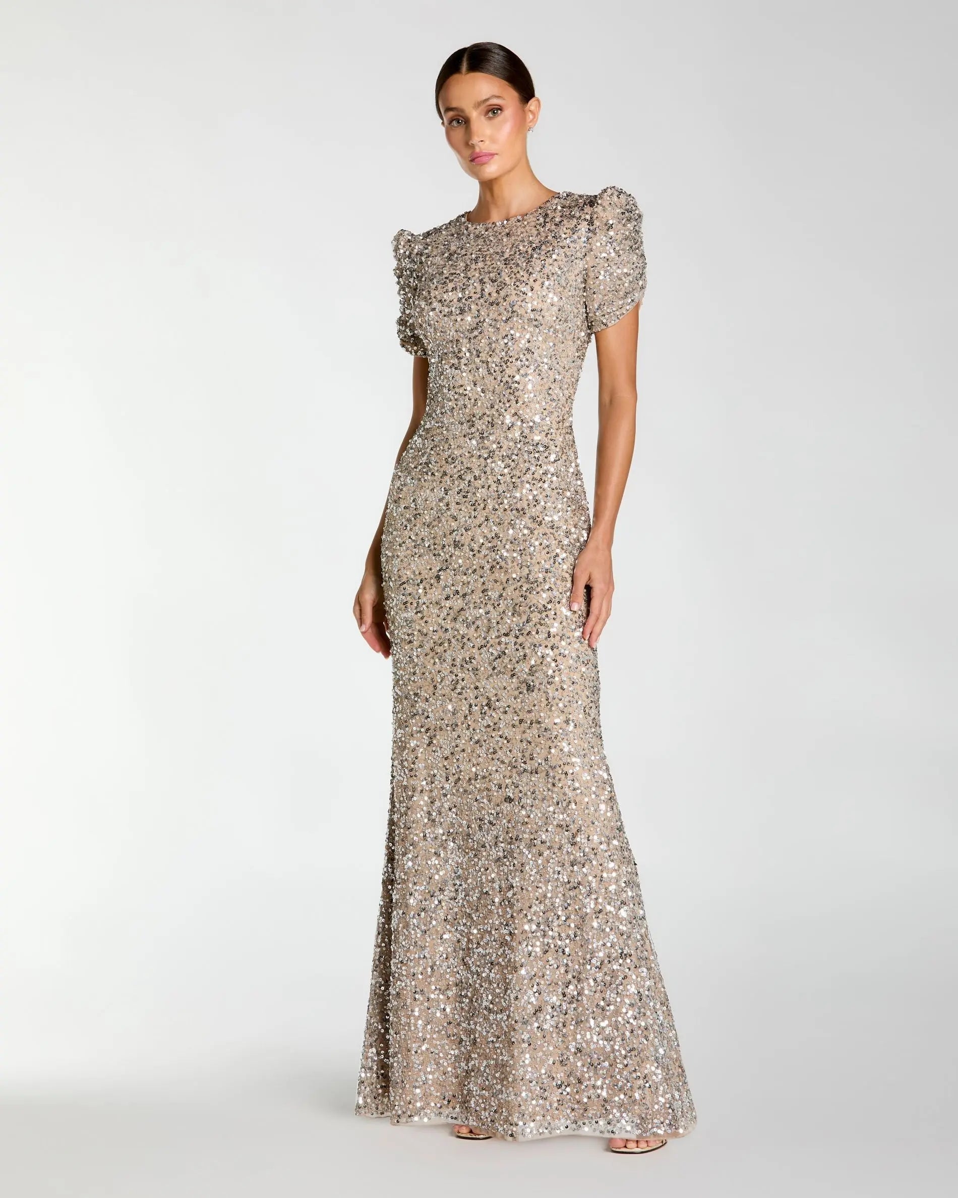 Beige Sequin Trumpet Gown with Puff Sleeves-Myartka