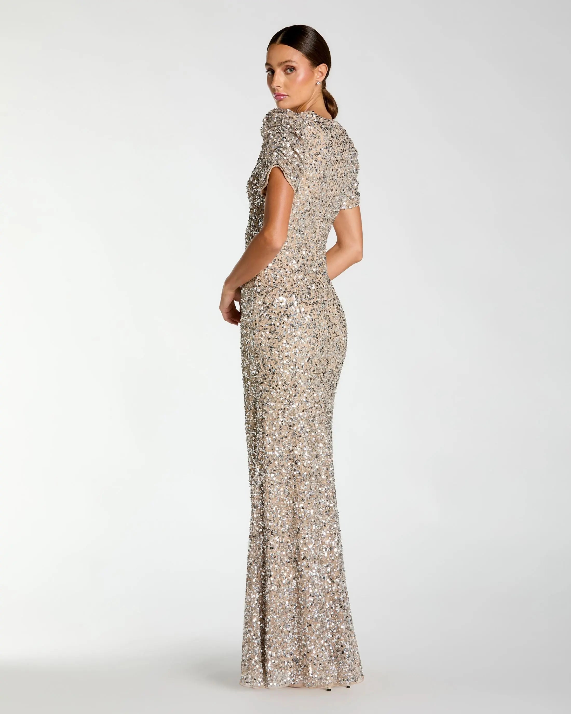 Beige Sequin Trumpet Gown with Puff Sleeves-Myartka