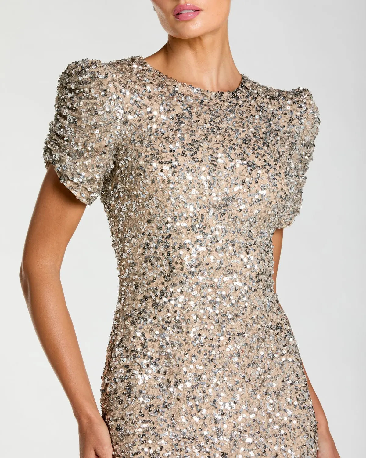 Beige Sequin Trumpet Gown with Puff Sleeves-Myartka