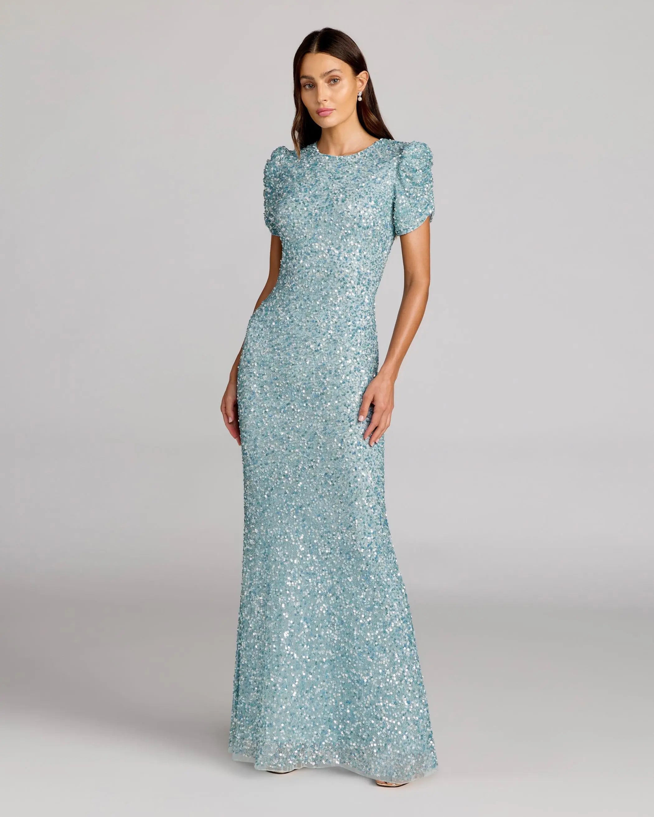 Blue Sequin Trumpet Gown with Puff Sleeves-Myartka