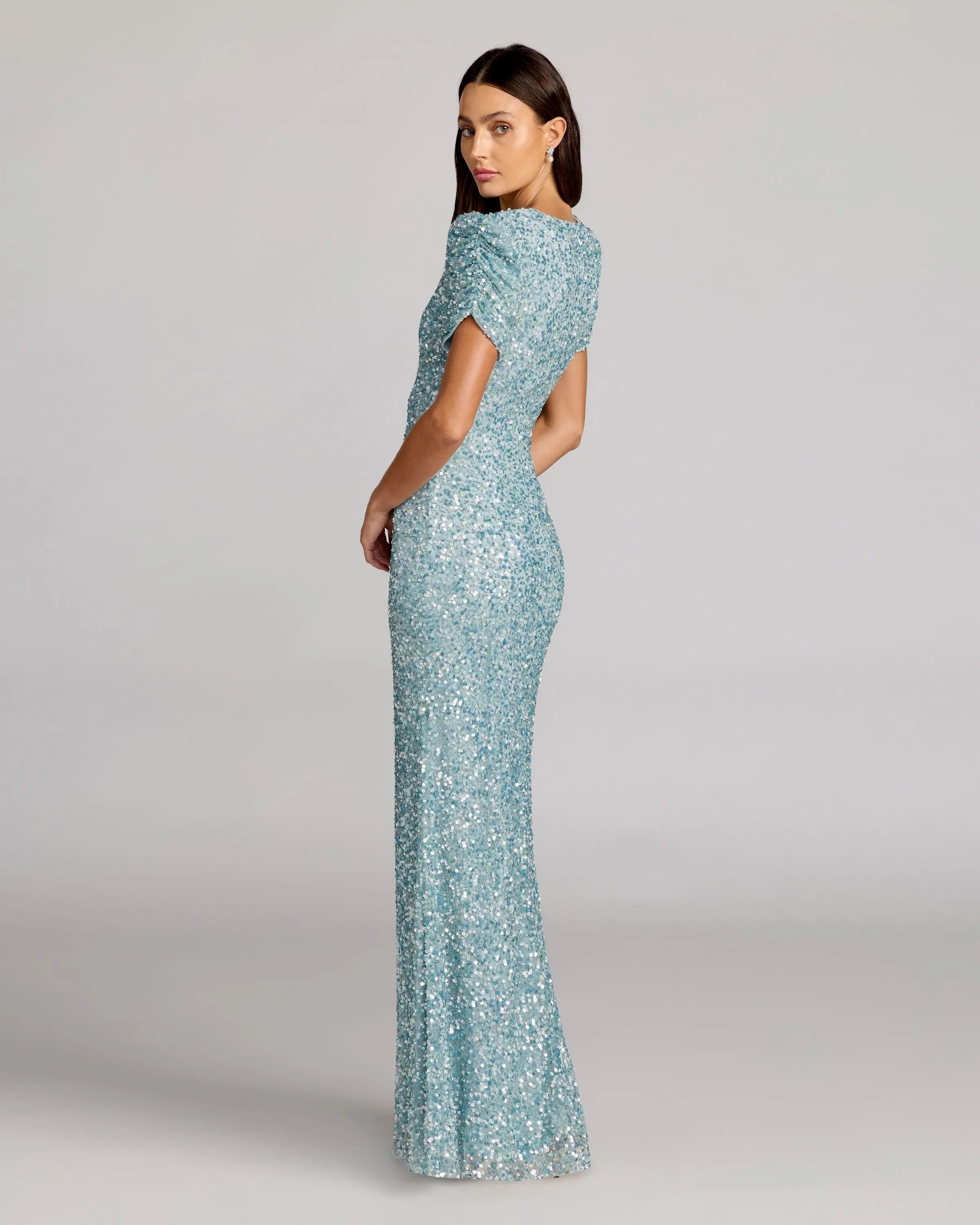 Blue Sequin Trumpet Gown with Puff Sleeves-Myartka