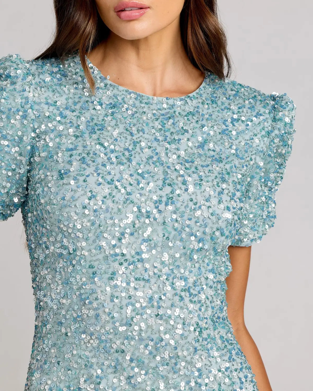 Blue Sequin Trumpet Gown with Puff Sleeves-Myartka