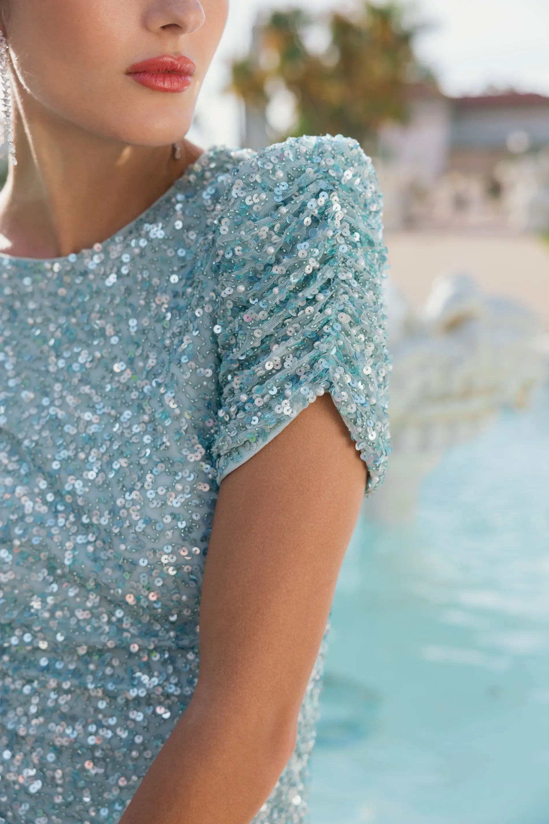 Blue Sequin Trumpet Gown with Puff Sleeves-Myartka