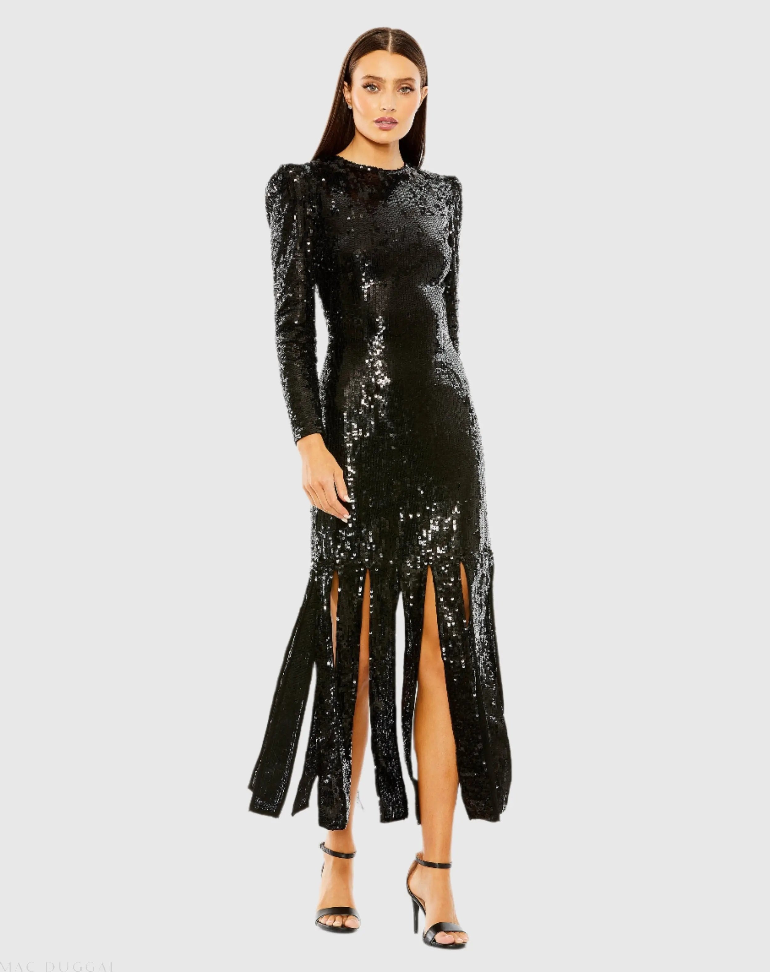 Black Long Sleeve High Neck Carwash Panel Dress-Myartka