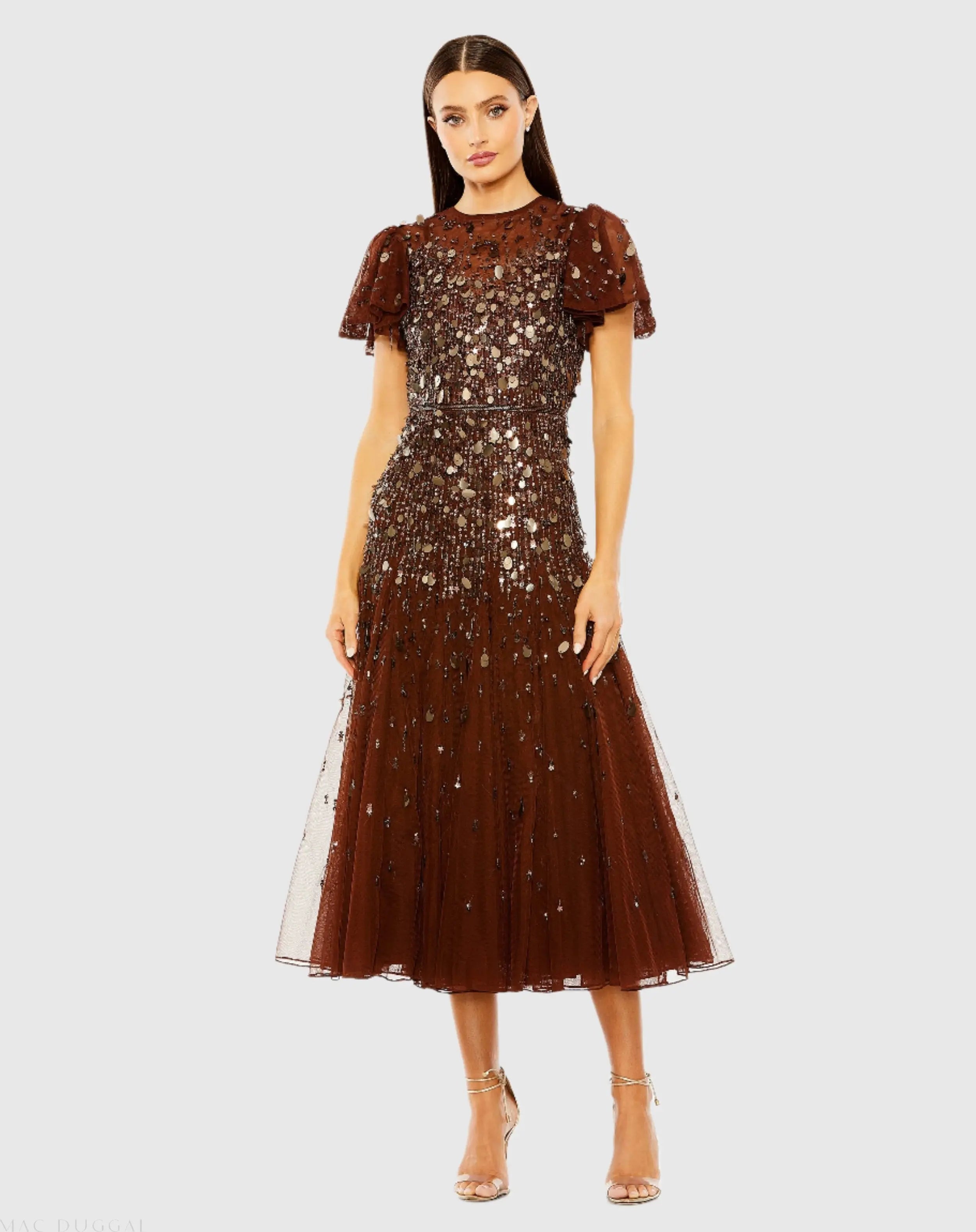 Brown High Neck Flutter Sleeve Beaded Dress-Myartka